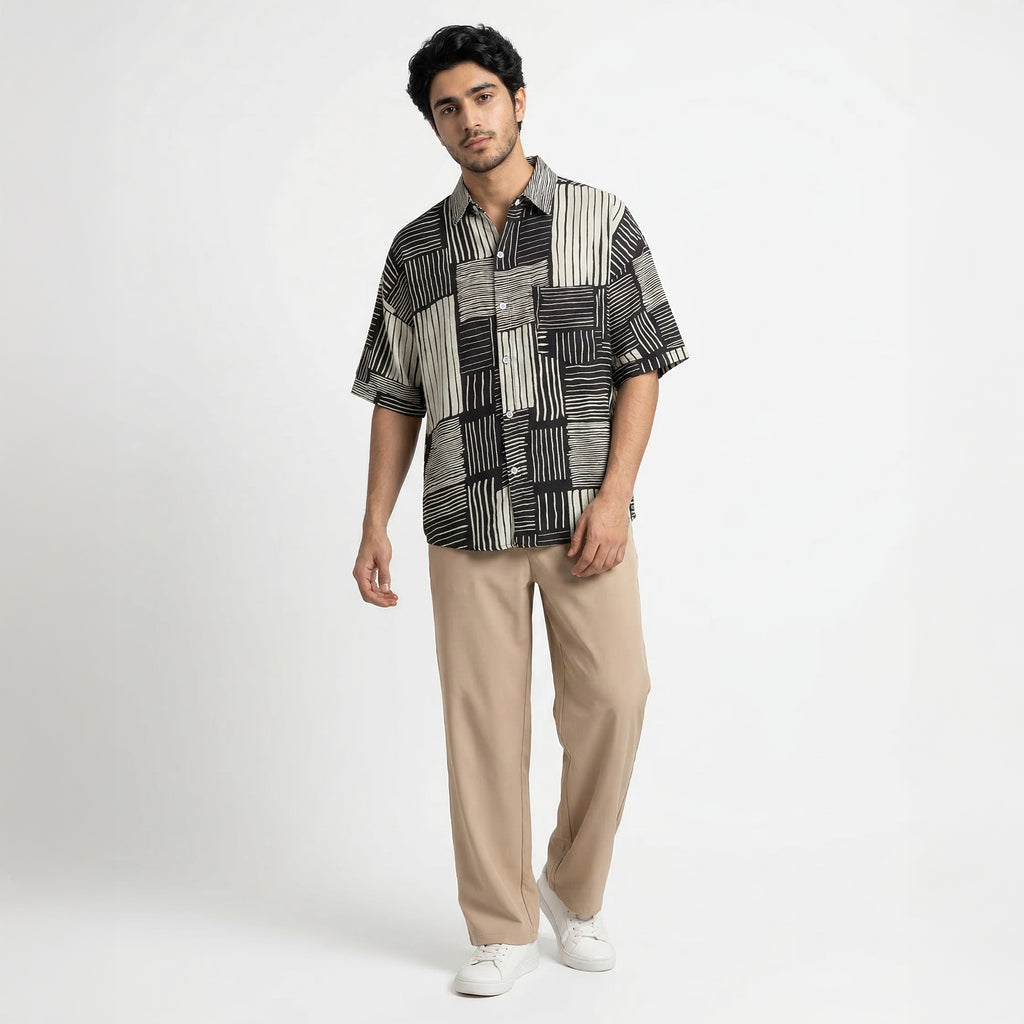 Retro Striped Patchwork Ice Silk Stand Collar Shirt
