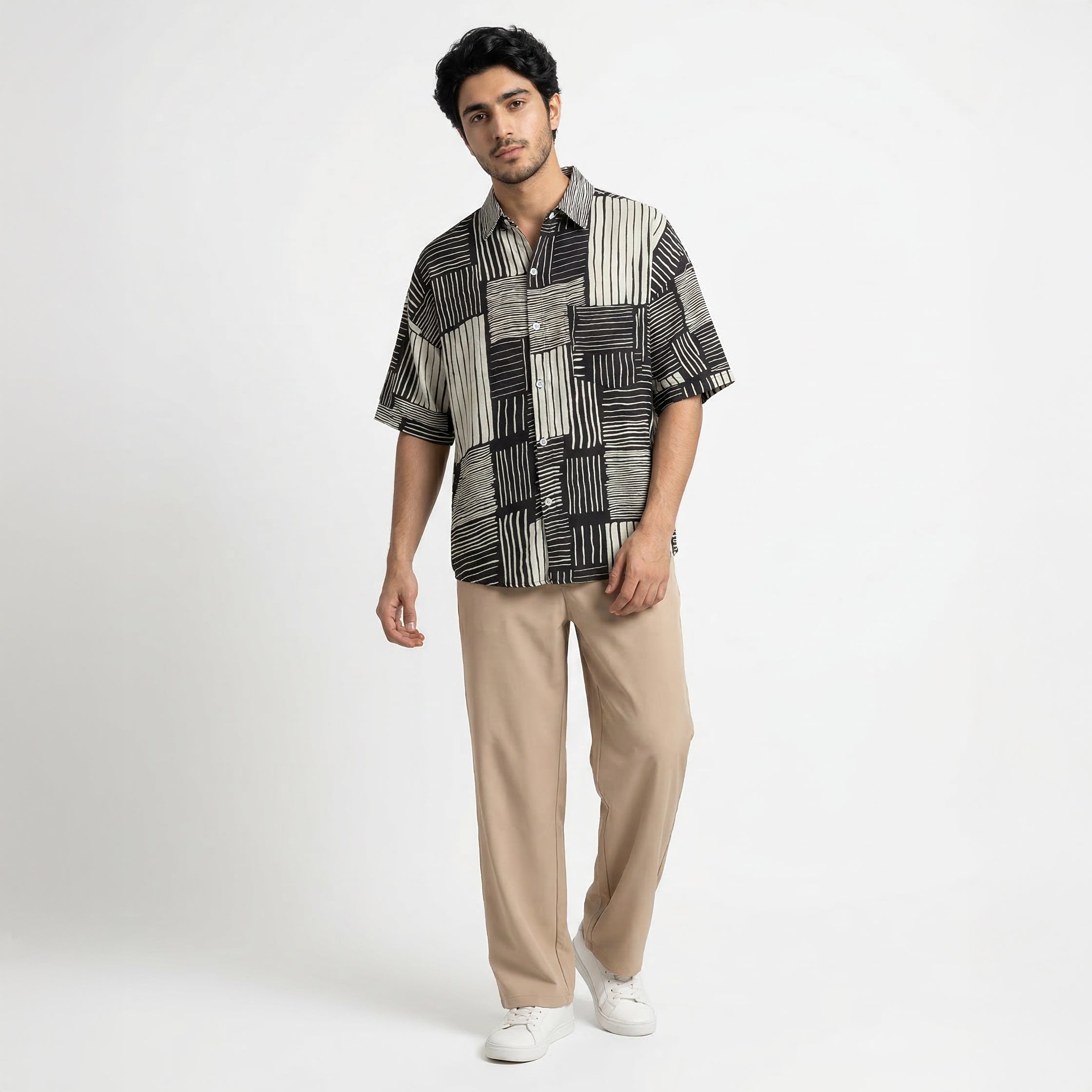 Retro Striped Patchwork Ice Silk Stand Collar Shirt