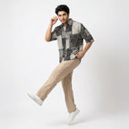 Retro Striped Patchwork Ice Silk Stand Collar Shirt