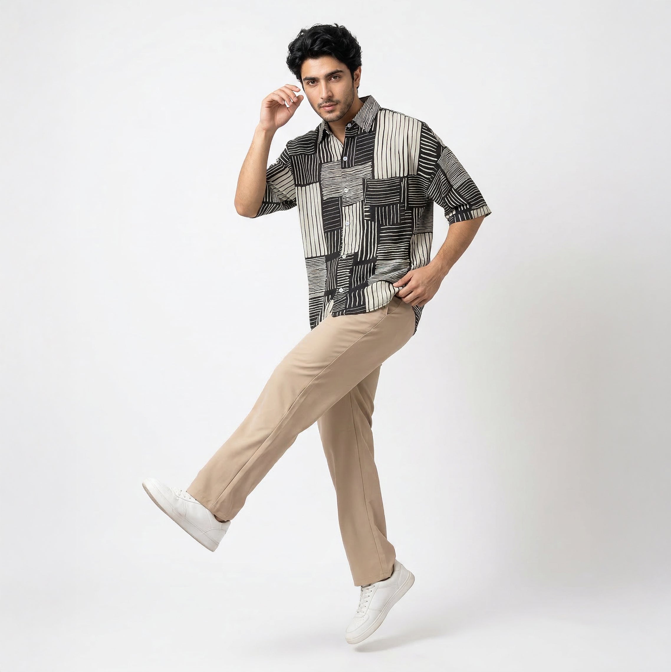 Retro Striped Patchwork Ice Silk Stand Collar Shirt