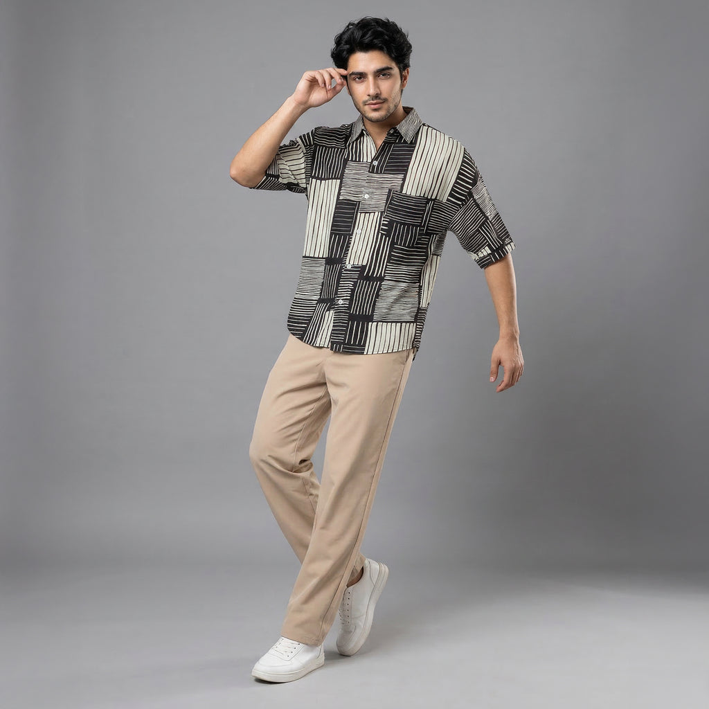 Retro Striped Patchwork Ice Silk Stand Collar Shirt