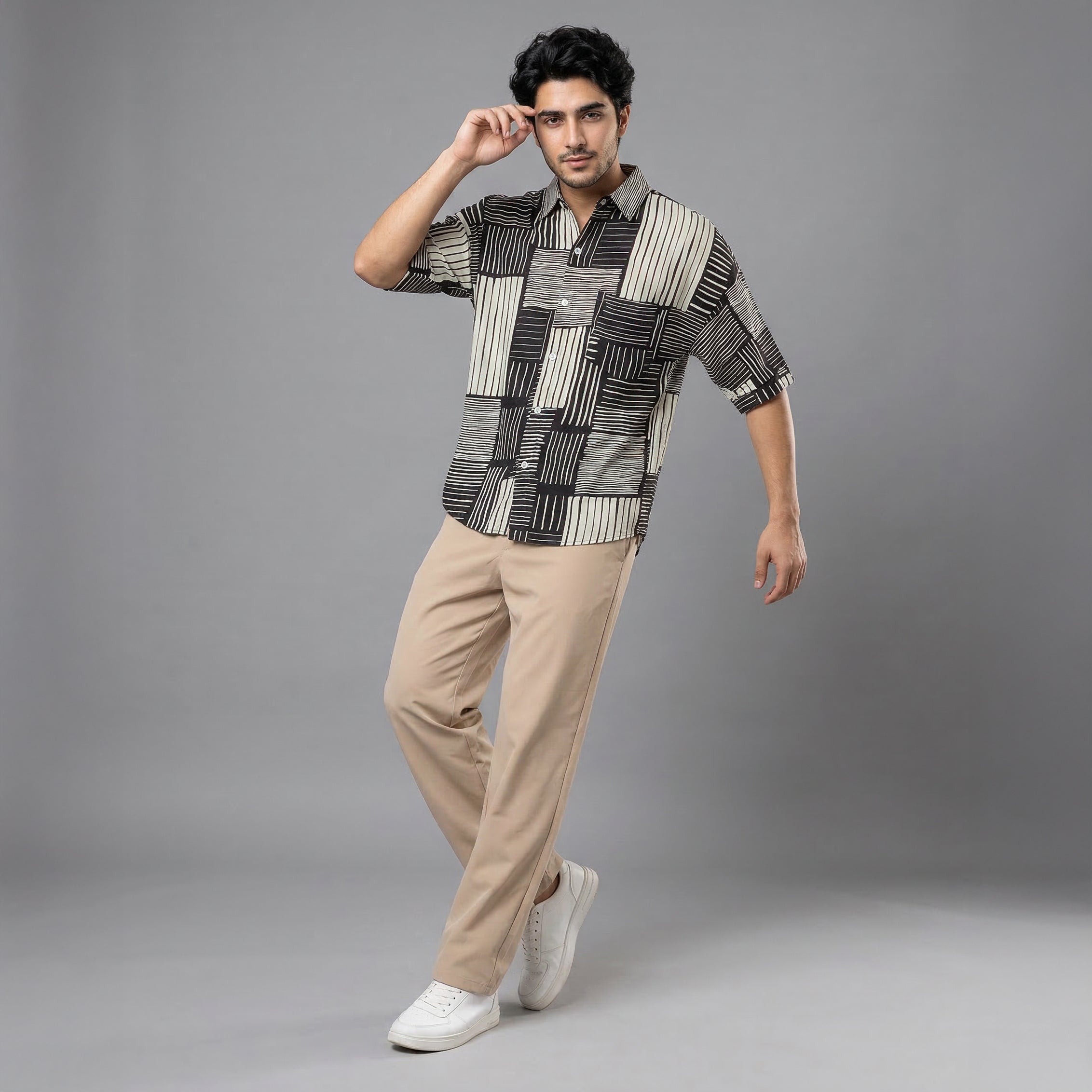 Retro Striped Patchwork Ice Silk Stand Collar Shirt