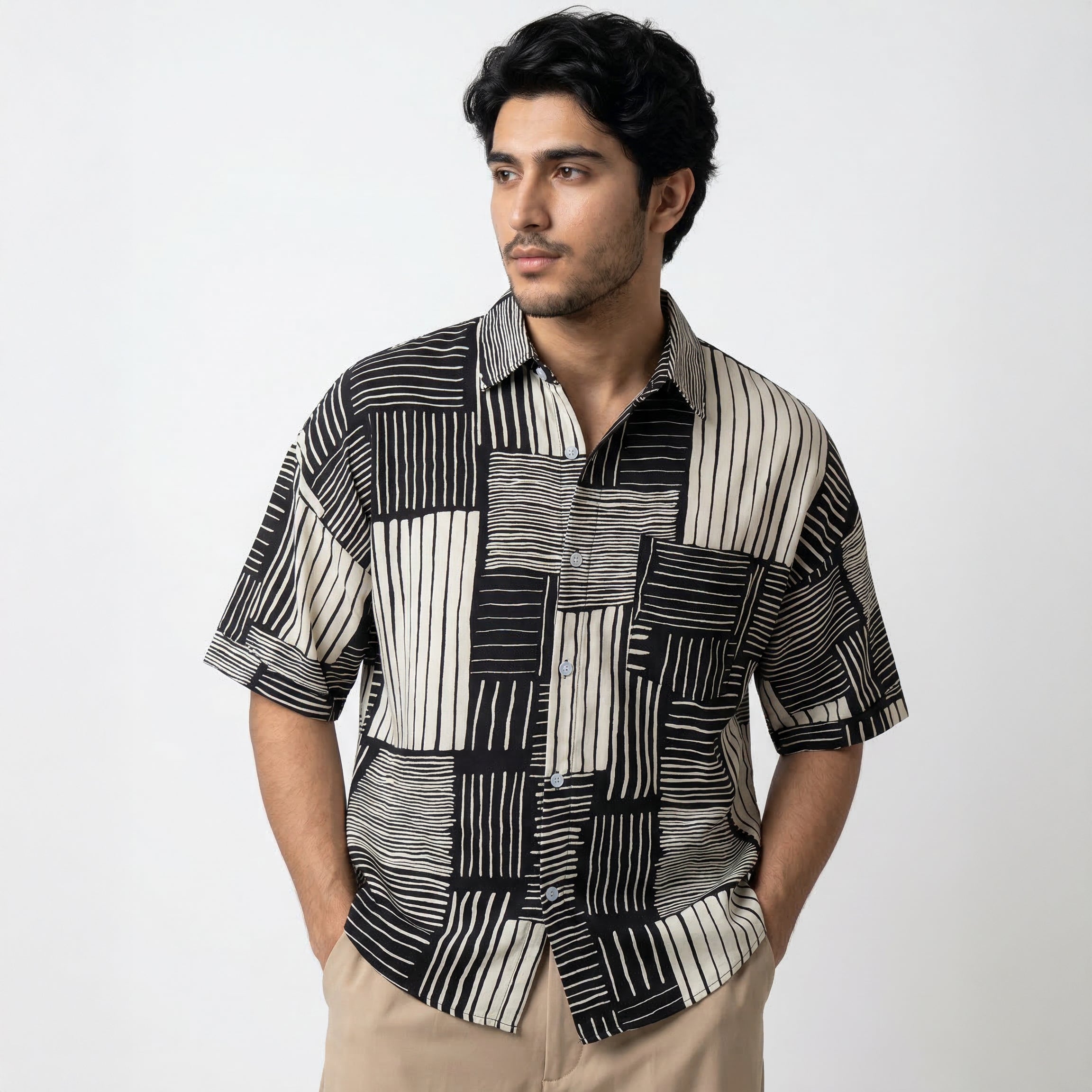 Retro Striped Patchwork Ice Silk Stand Collar Shirt