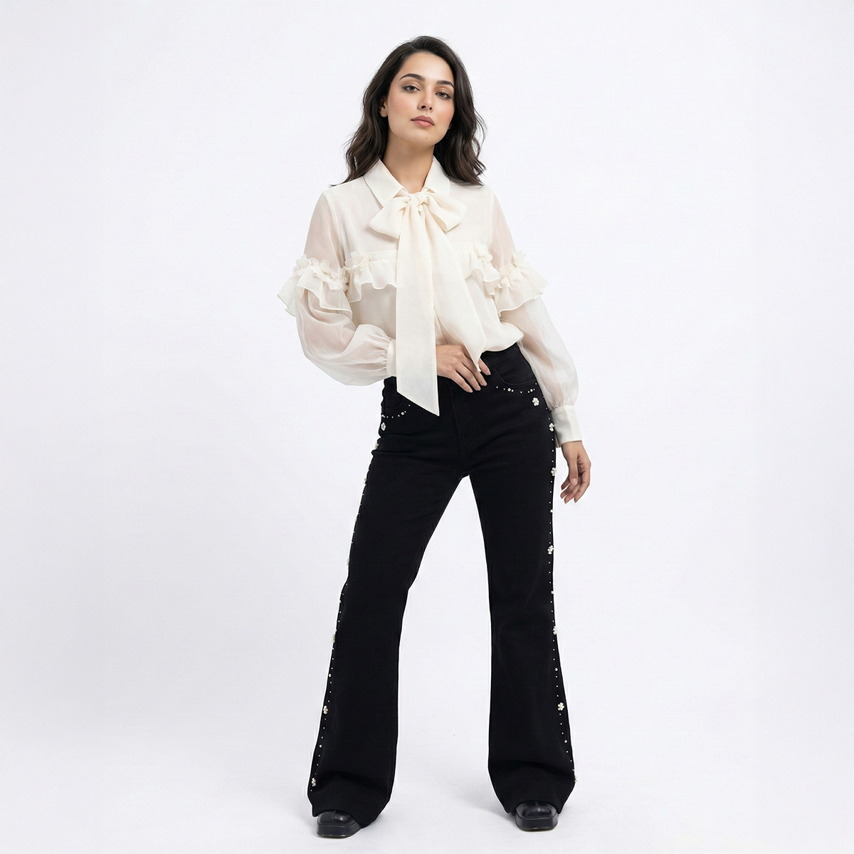 Ladies Bow Tie Ruffle Sleeve Chiffon Shirt