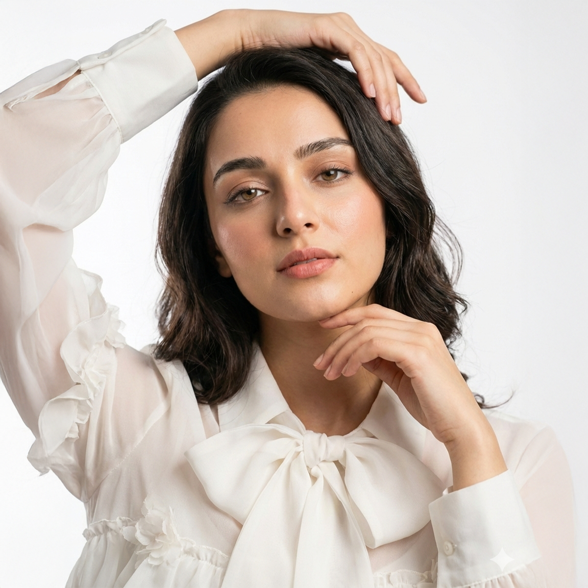 Ladies Bow Tie Ruffle Sleeve Chiffon Shirt