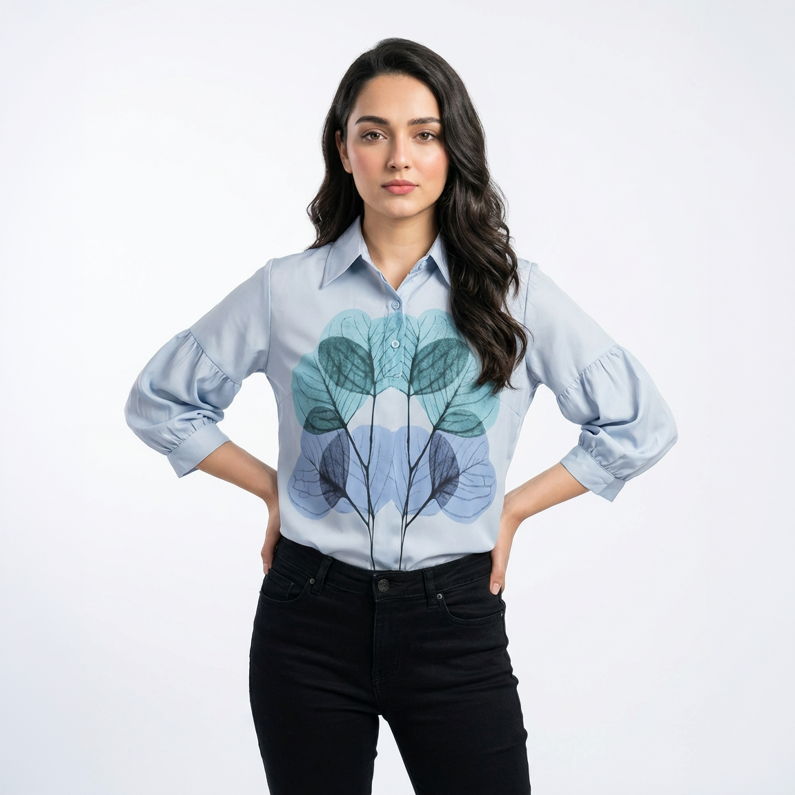 Ladies Leaf Print Loose Fit Shirt