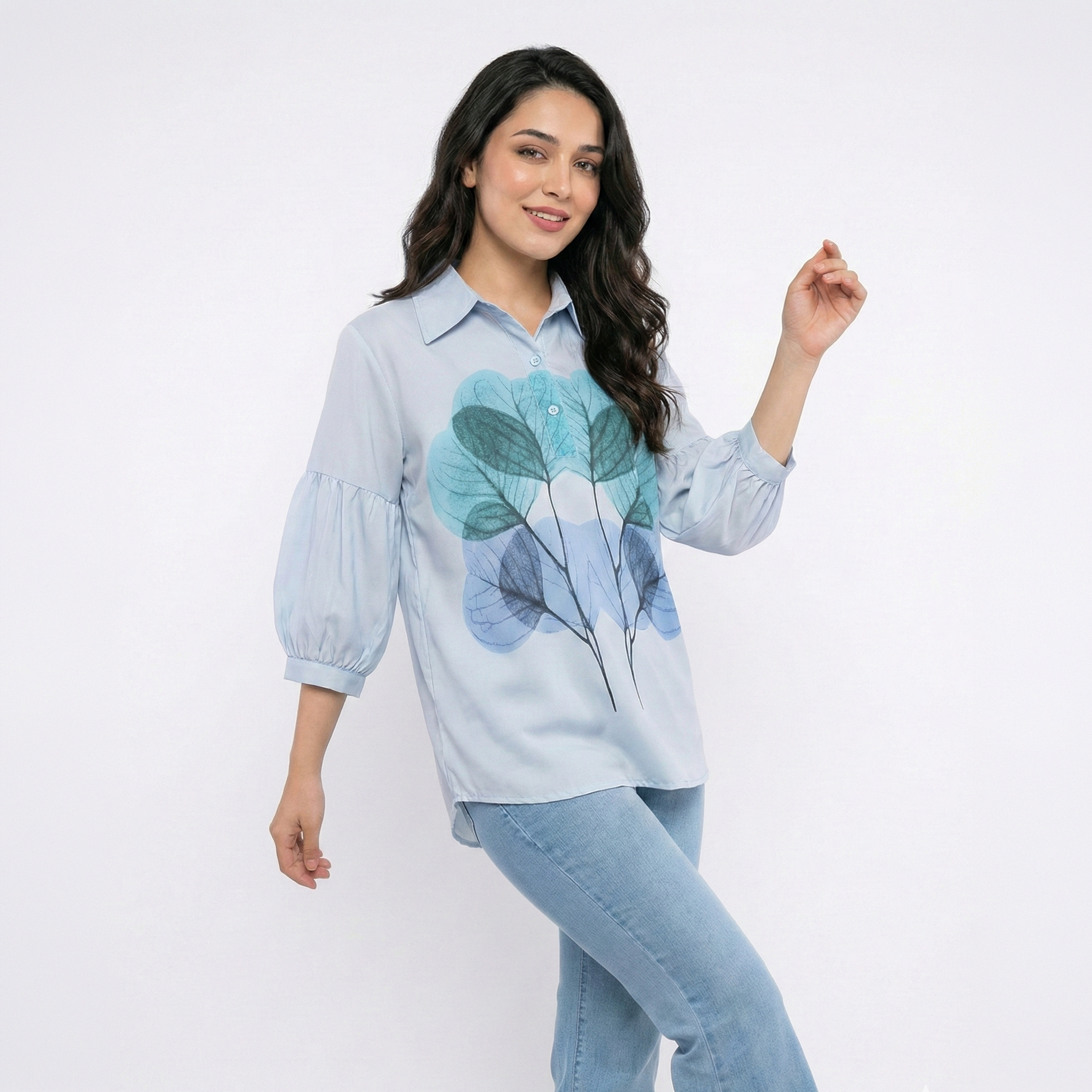 Ladies Leaf Print Loose Fit Shirt
