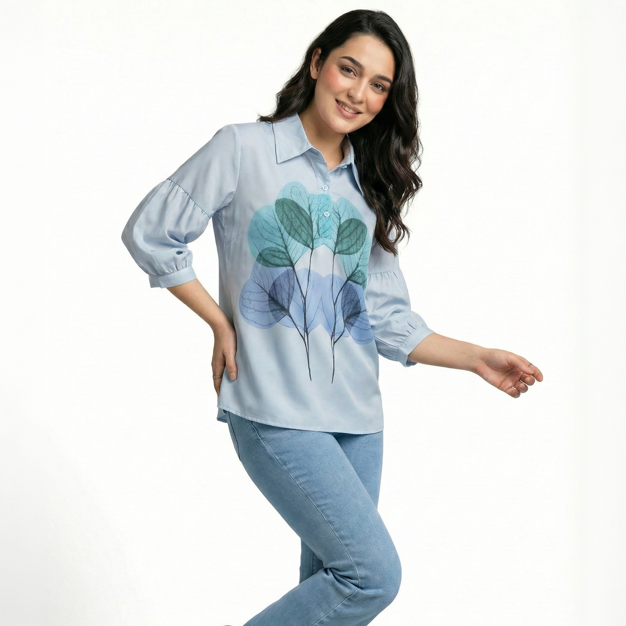 Ladies Leaf Print Loose Fit Shirt