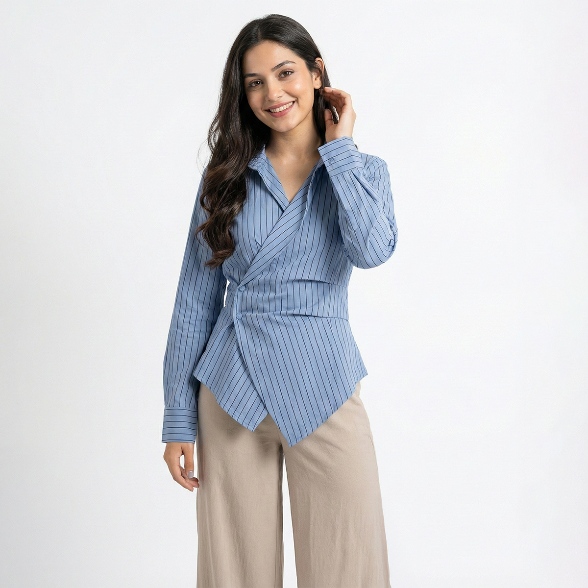 Ladies Striped Wrap Waist Shirt