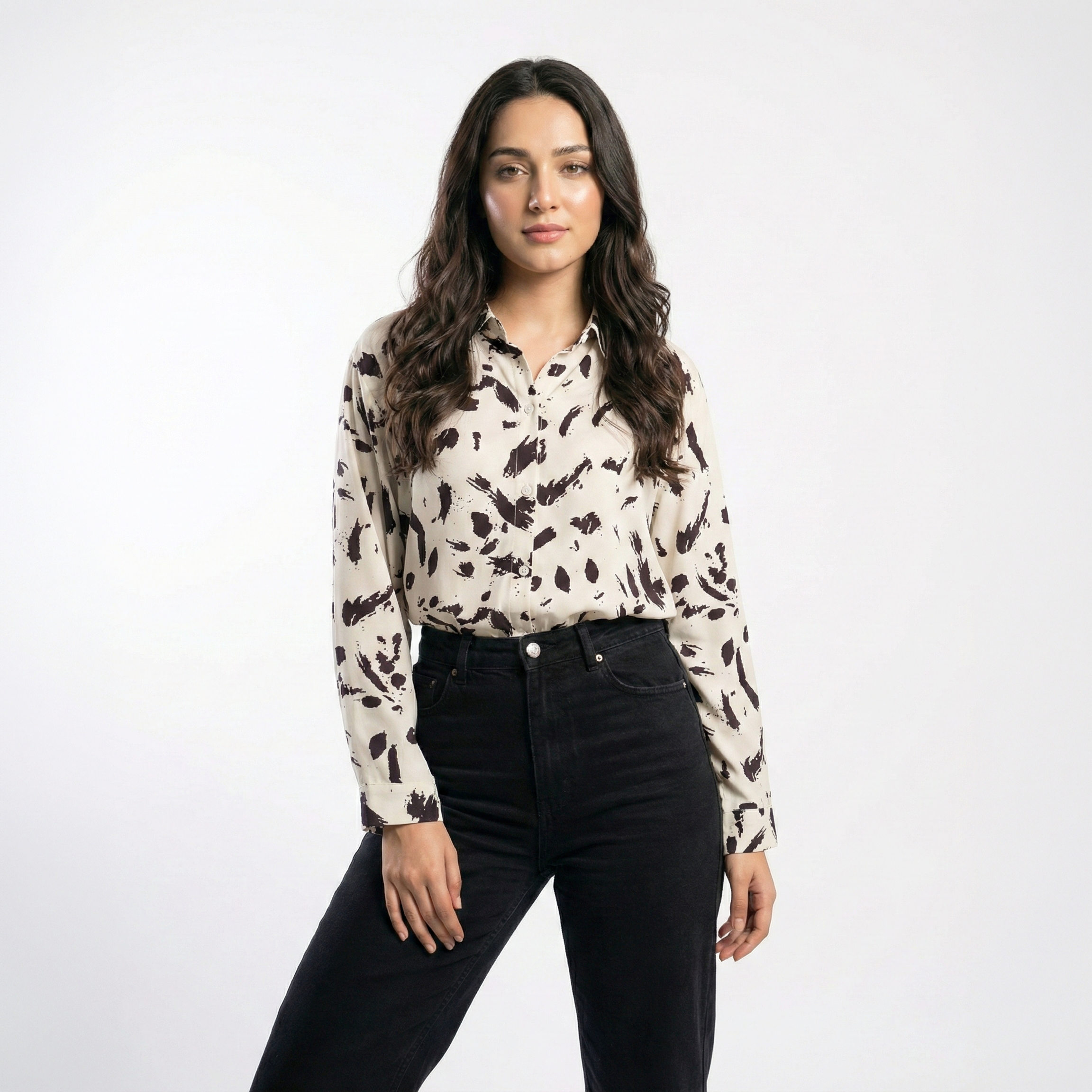 Ladies Abstract Print Long Sleeve Shirt White