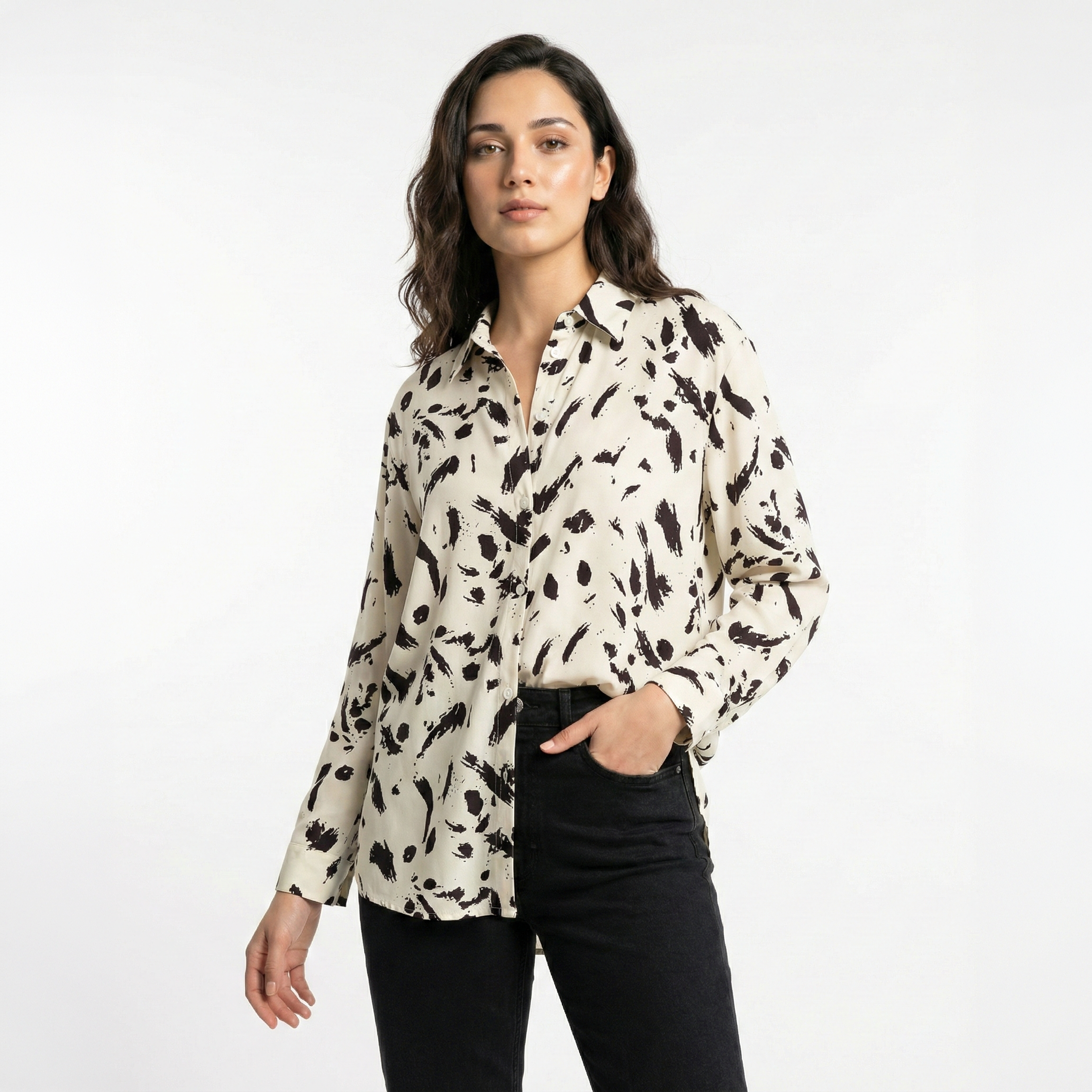 Ladies Abstract Print Long Sleeve Shirt White