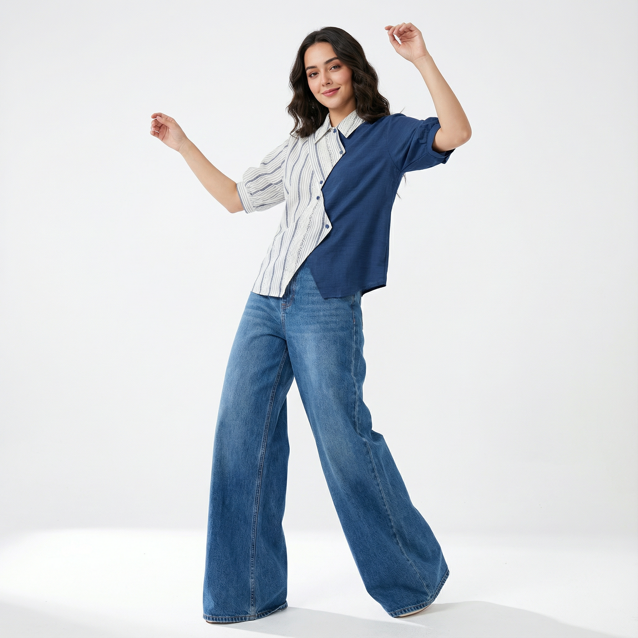 Ladies Korean-Style Patchwork Collared Shirt