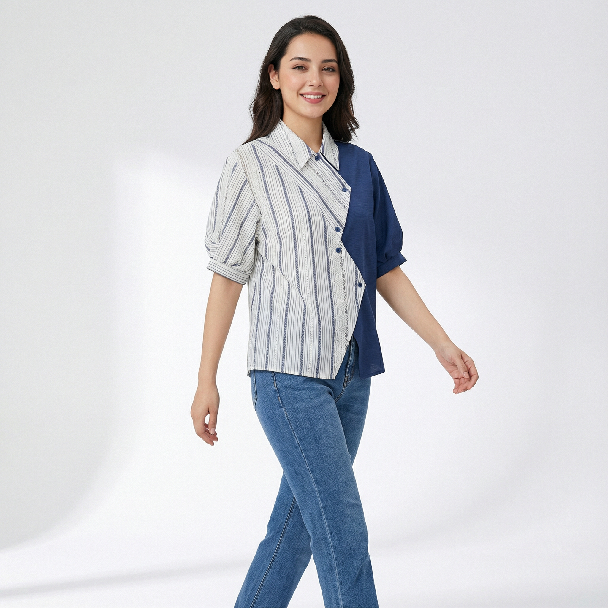 Ladies Korean-Style Patchwork Collared Shirt