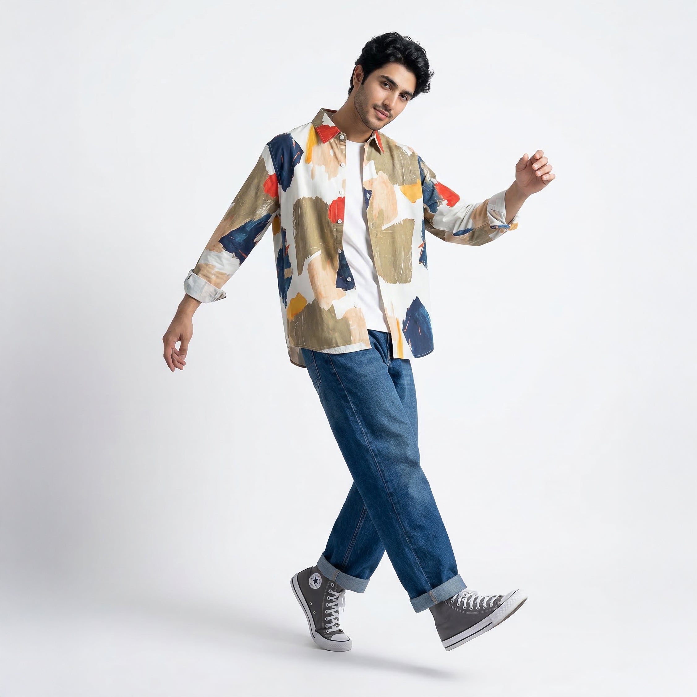 Retro Print Contrast Striped Full Sleeve Shirt