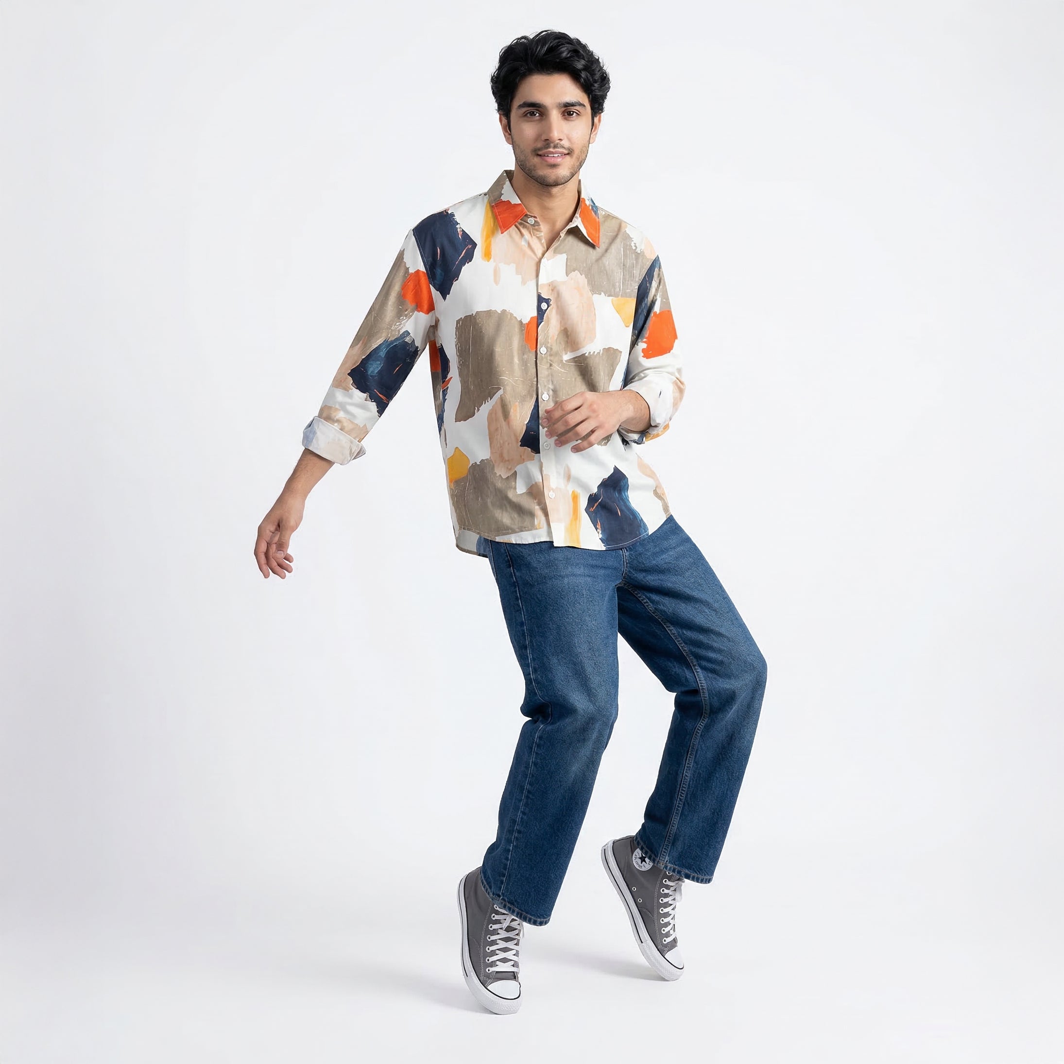 Retro Print Contrast Striped Full Sleeve Shirt