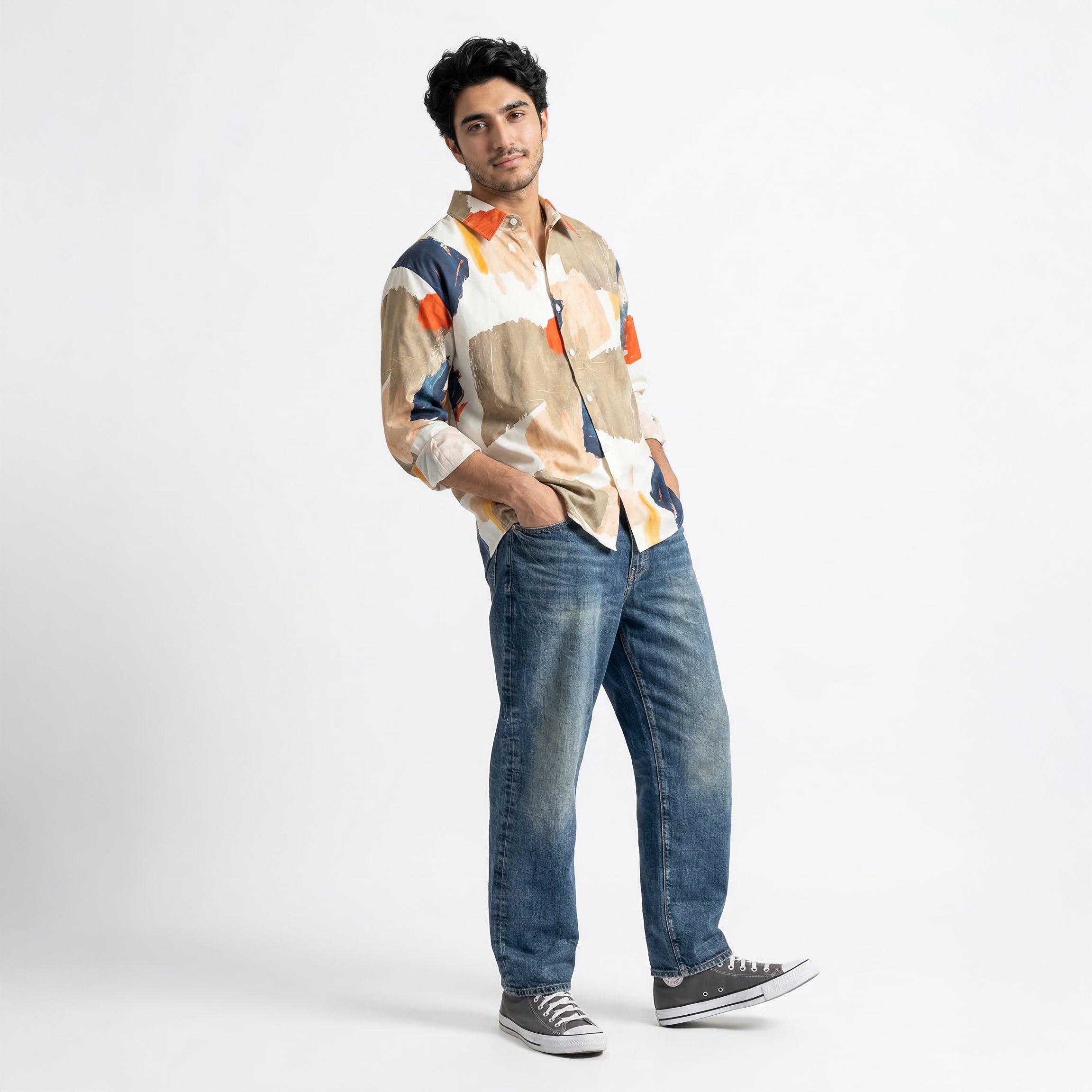 Retro Print Contrast Striped Full Sleeve Shirt