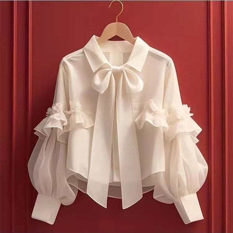 Ladies Bow Tie Ruffle Sleeve Chiffon Shirt