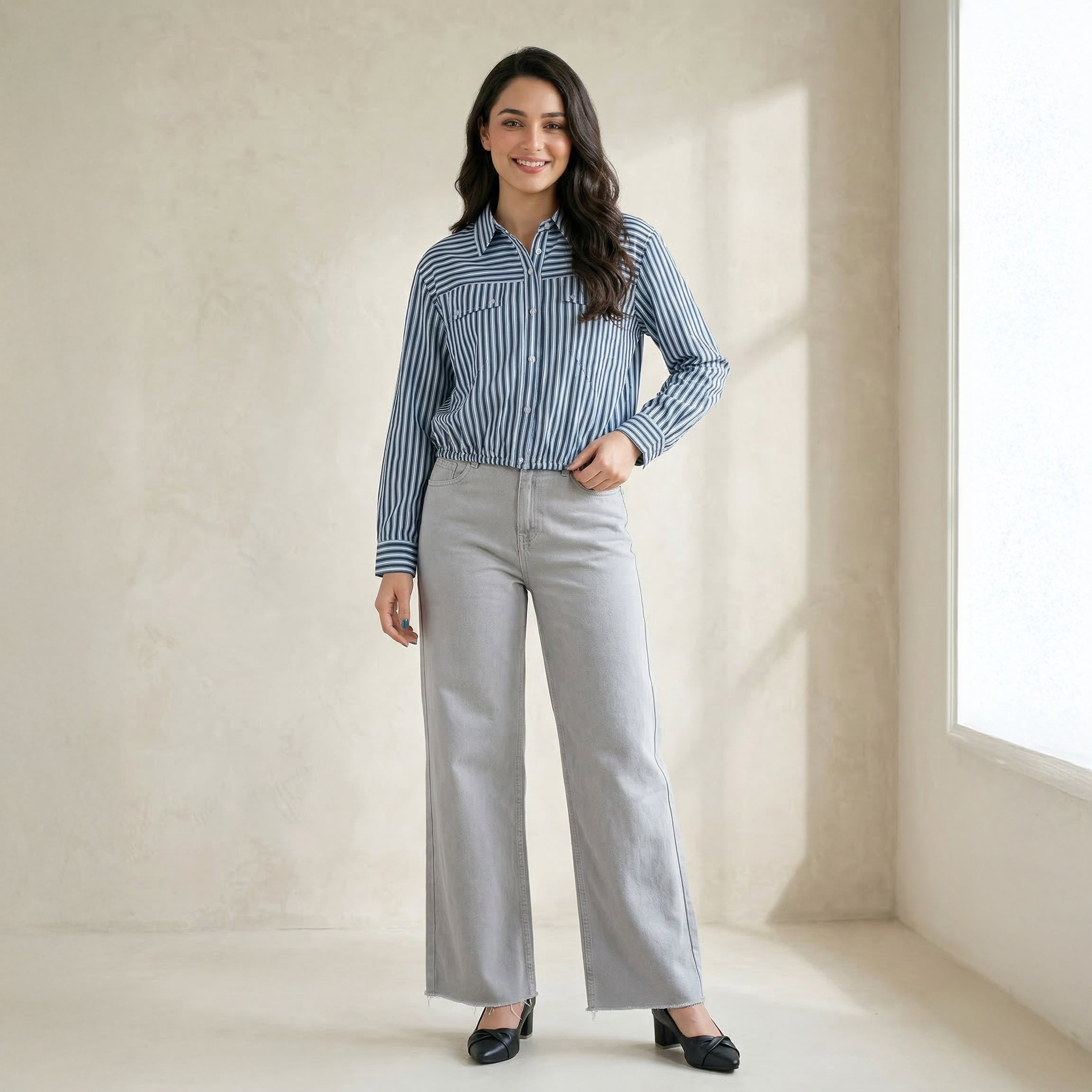 Korean Style Spliced Striped Casual Shirt