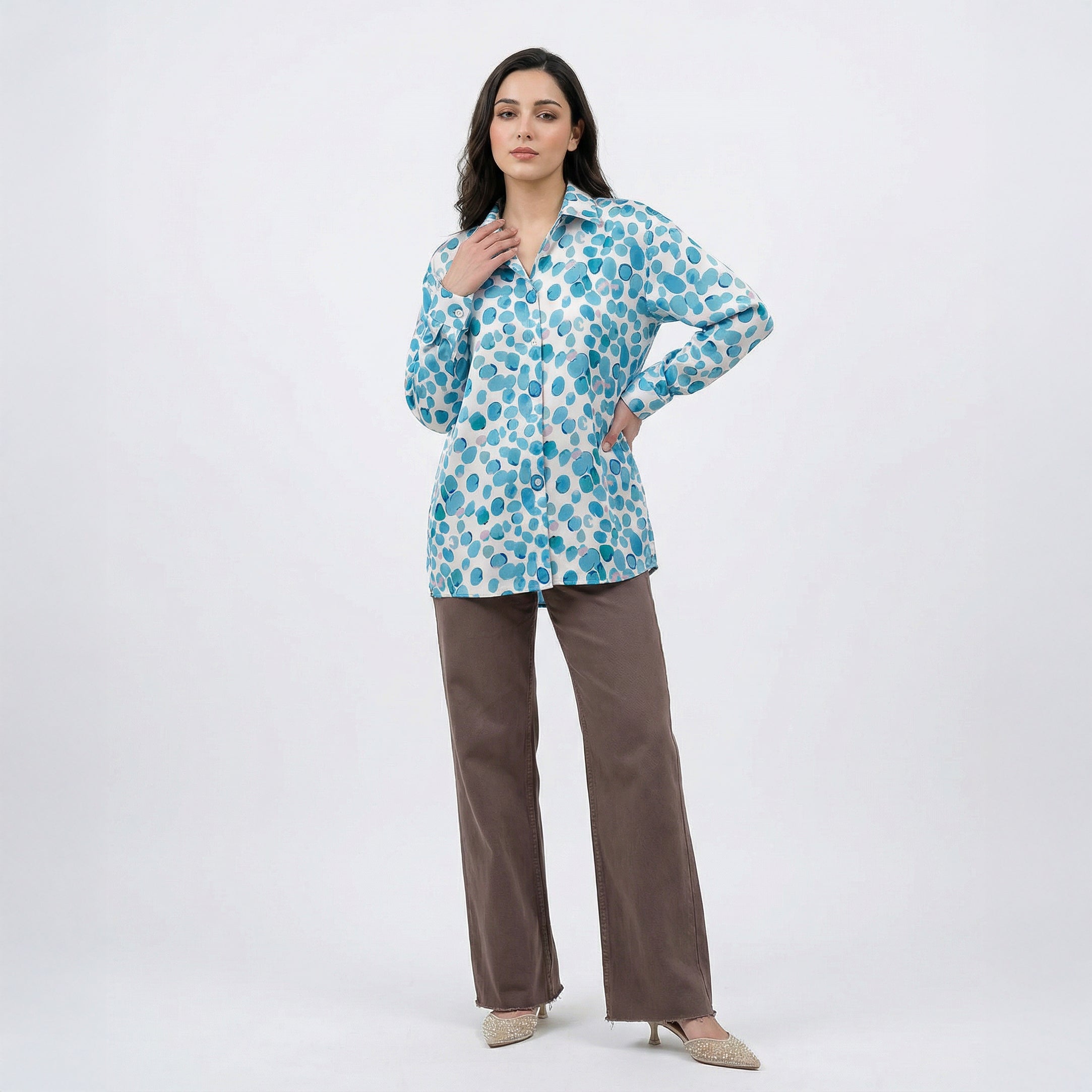 Elegant Polka Dot Korean Teal Petal Shirt