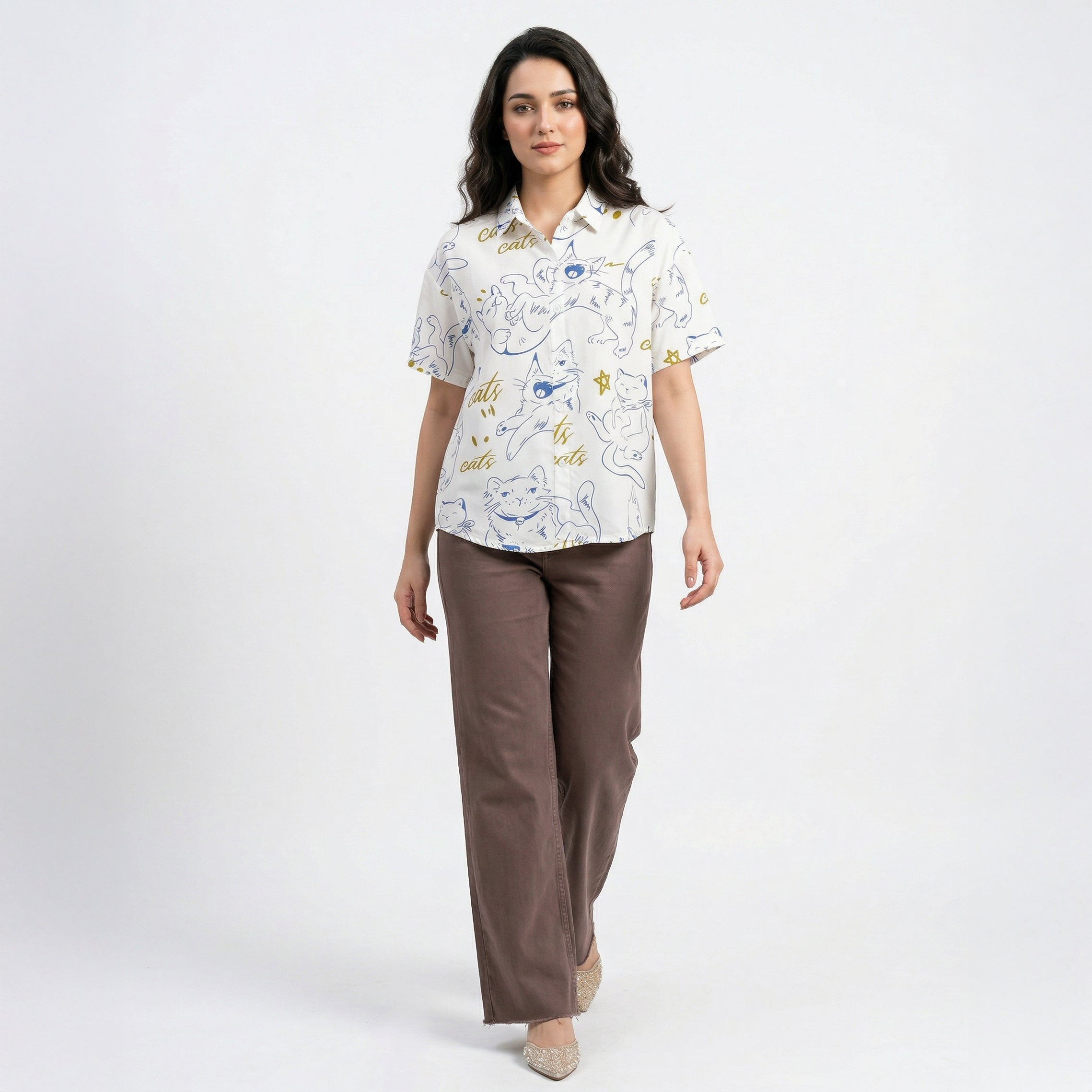 Korean Style Cute Kitten Print Casual Short Sleeve Shirt