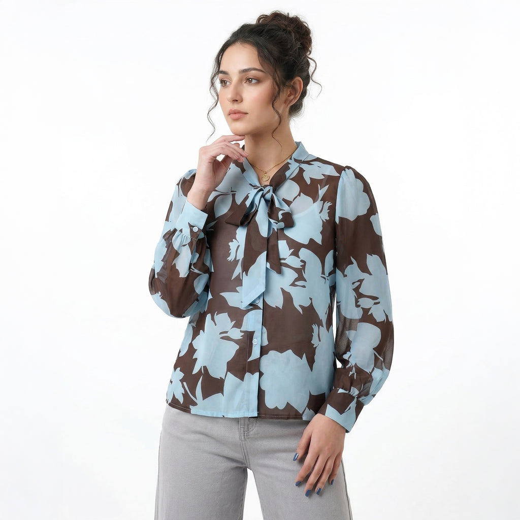 Printed Blue Chiffon Lightweight Summer Shirt