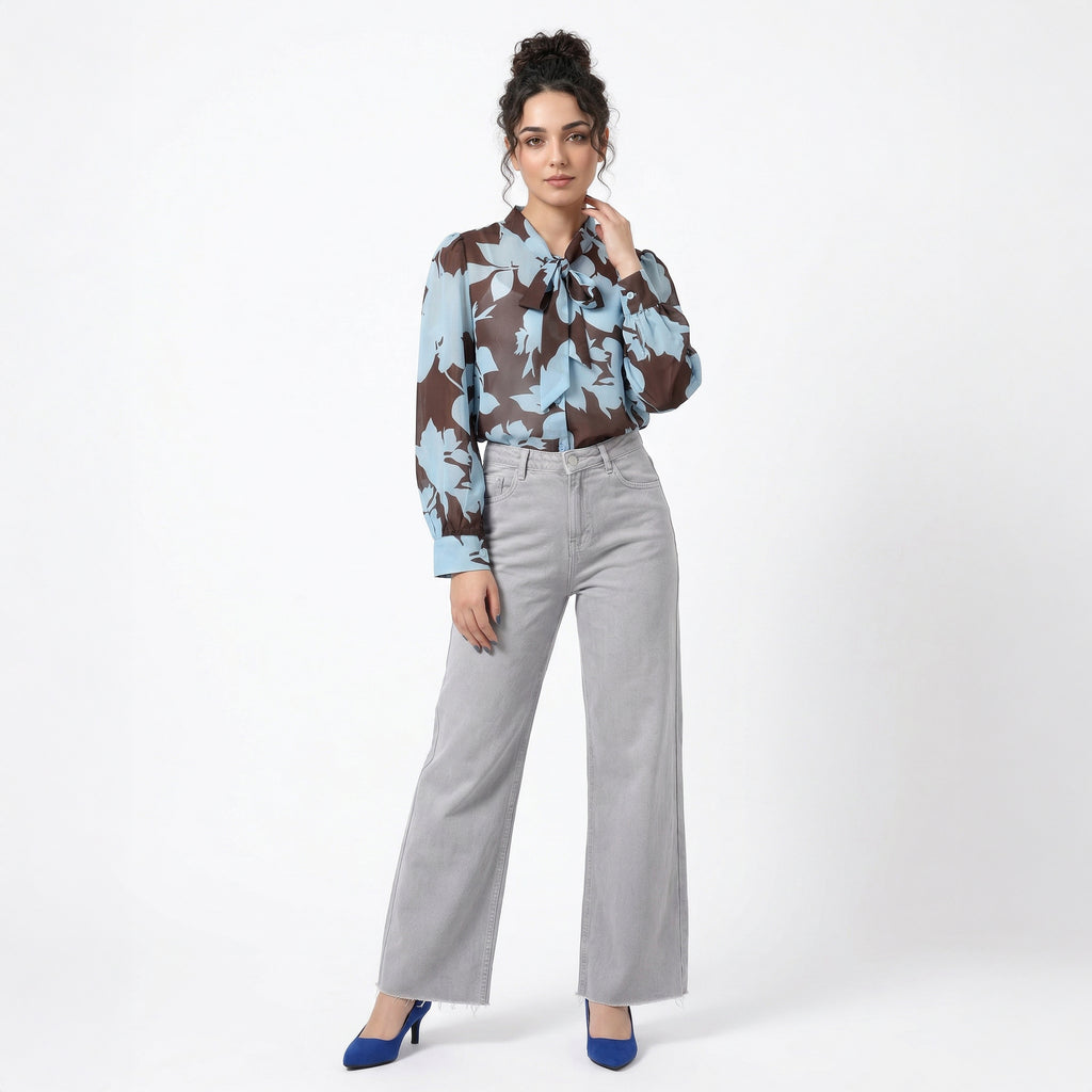 Printed Blue Chiffon Lightweight Summer Shirt