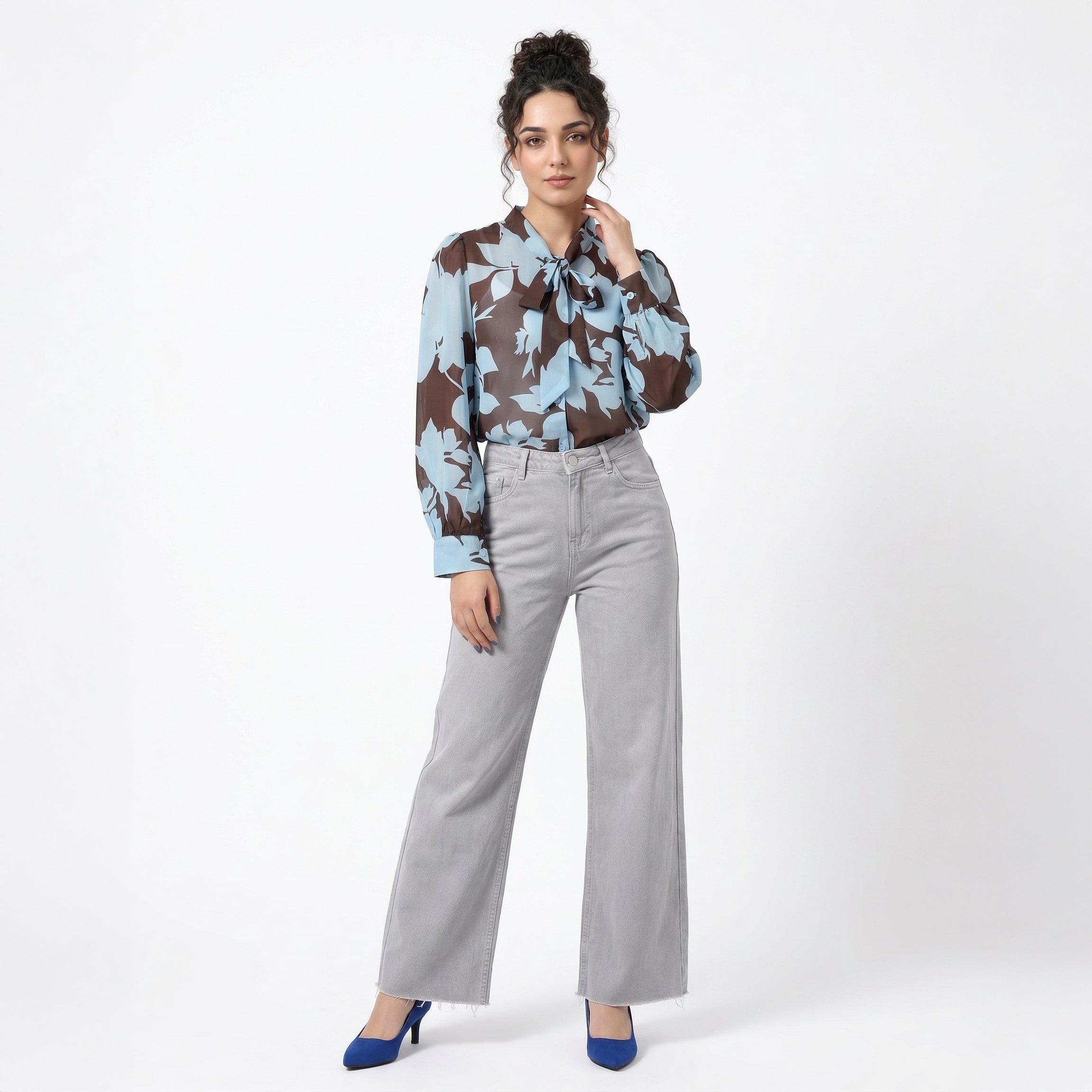 Printed Blue Chiffon Lightweight Summer Shirt