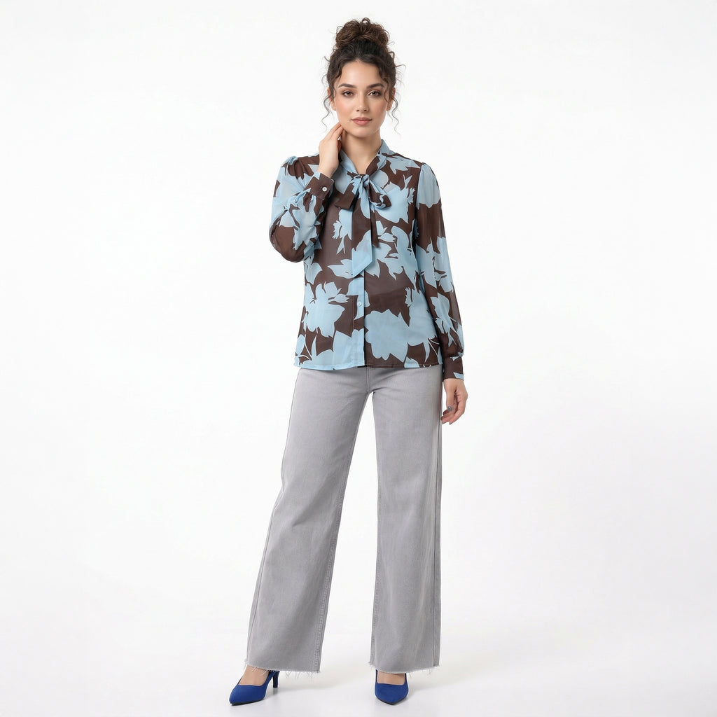 Printed Blue Chiffon Lightweight Summer Shirt