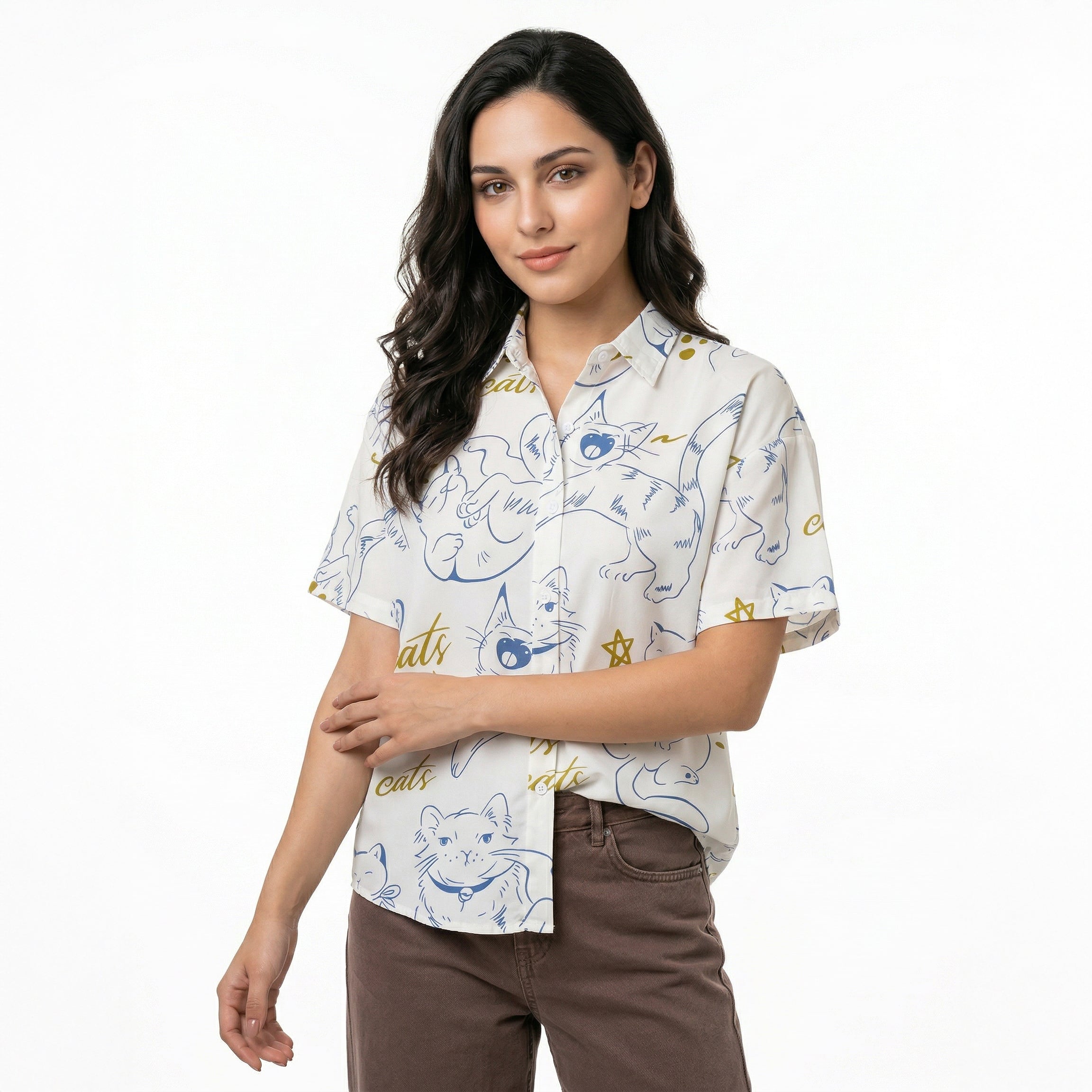 Korean Style Cute Kitten Print Casual Short Sleeve Shirt