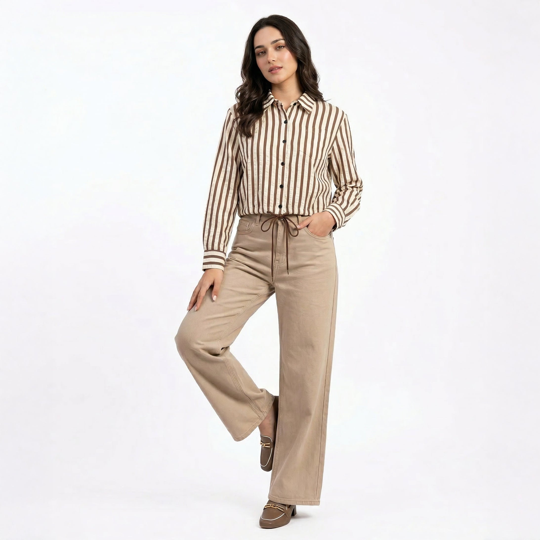 Ladies Striped Polo Collar Drawstring Shirt