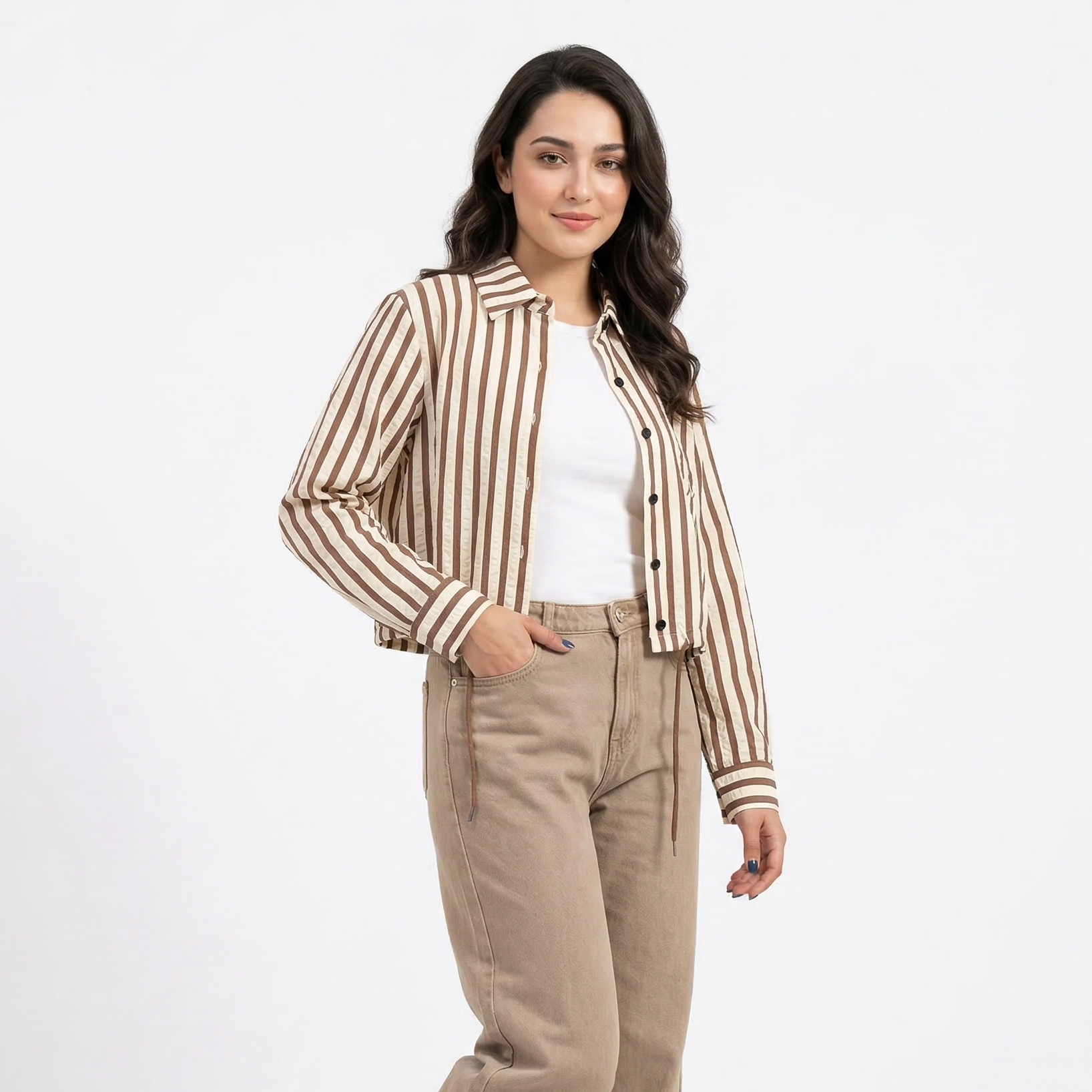 Ladies Striped Polo Collar Drawstring Shirt