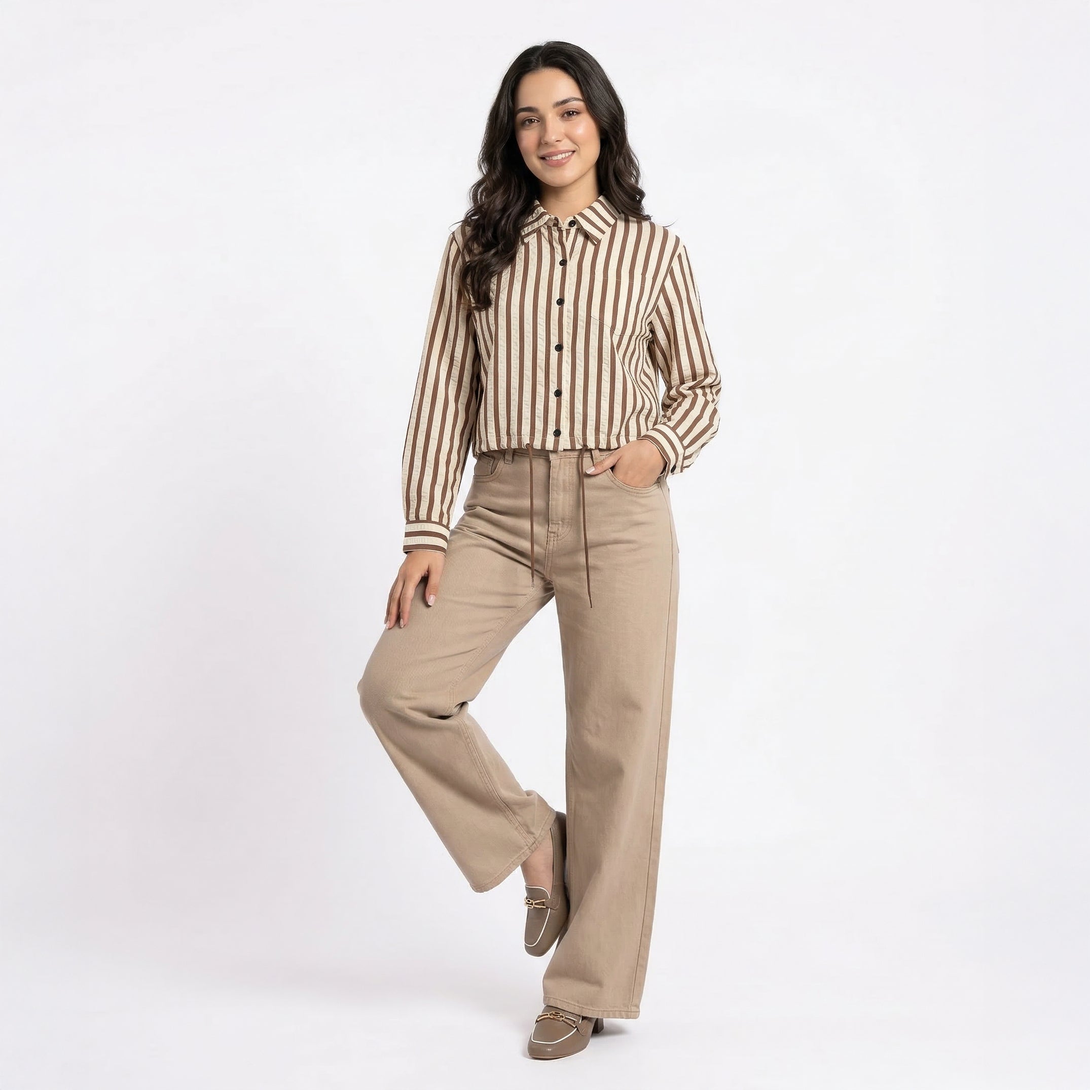 Ladies Striped Polo Collar Drawstring Shirt