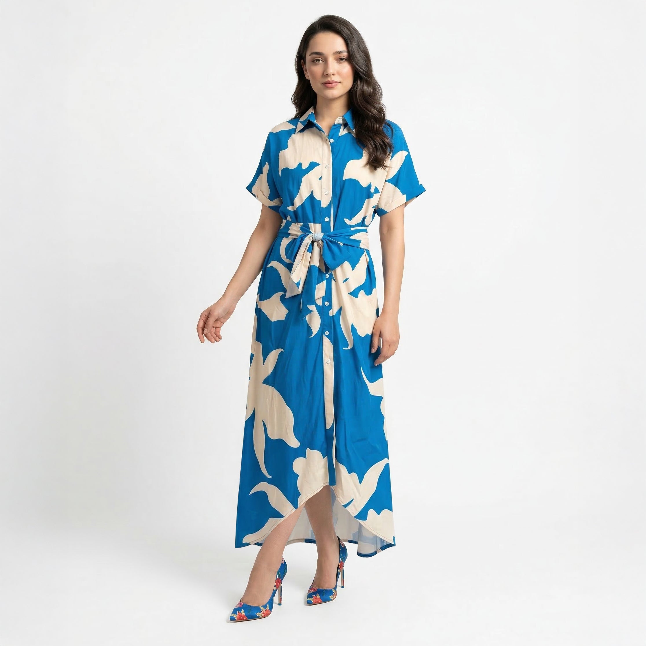 Elegant Printed Waist Tie Shirt Dress