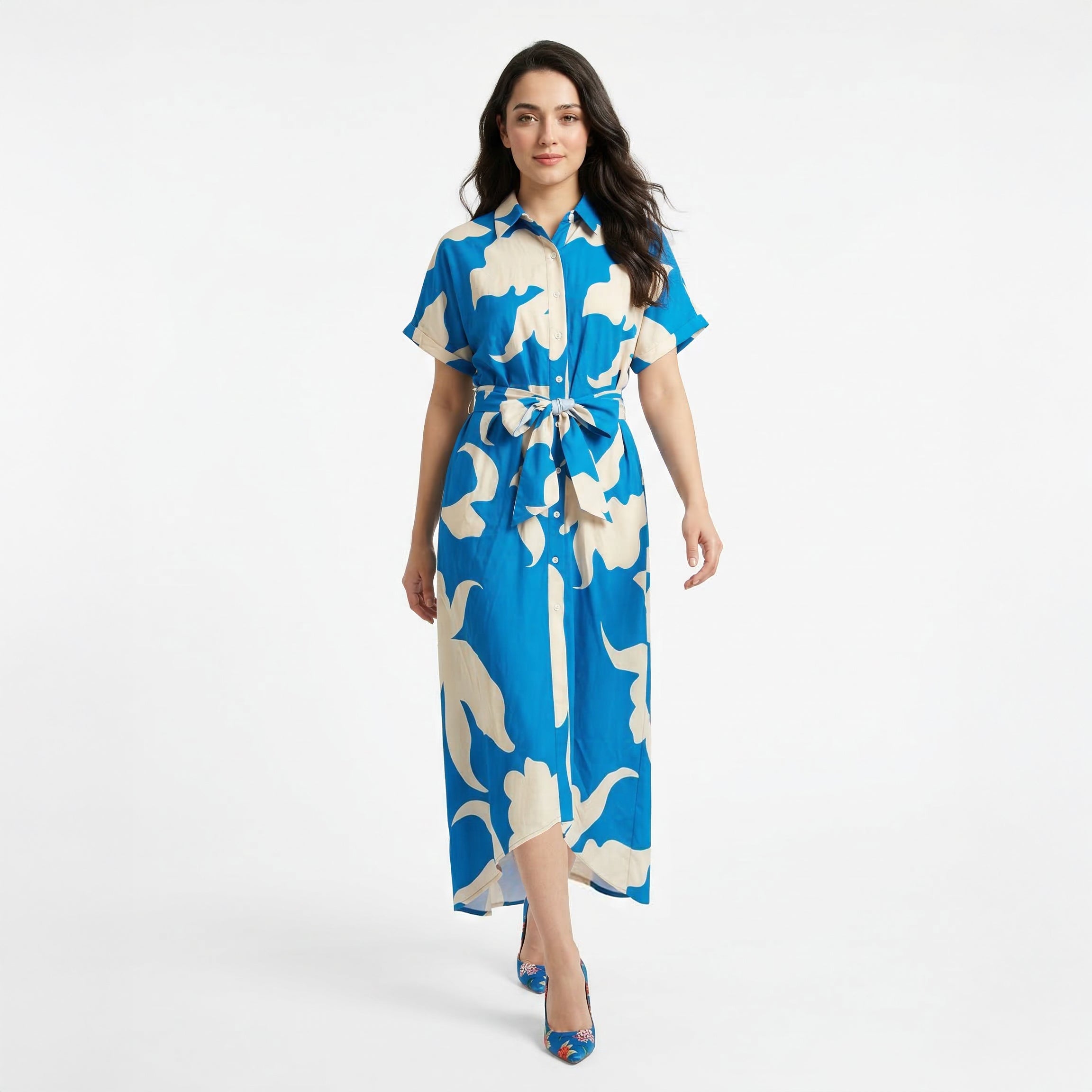 Elegant Printed Waist Tie Shirt Dress