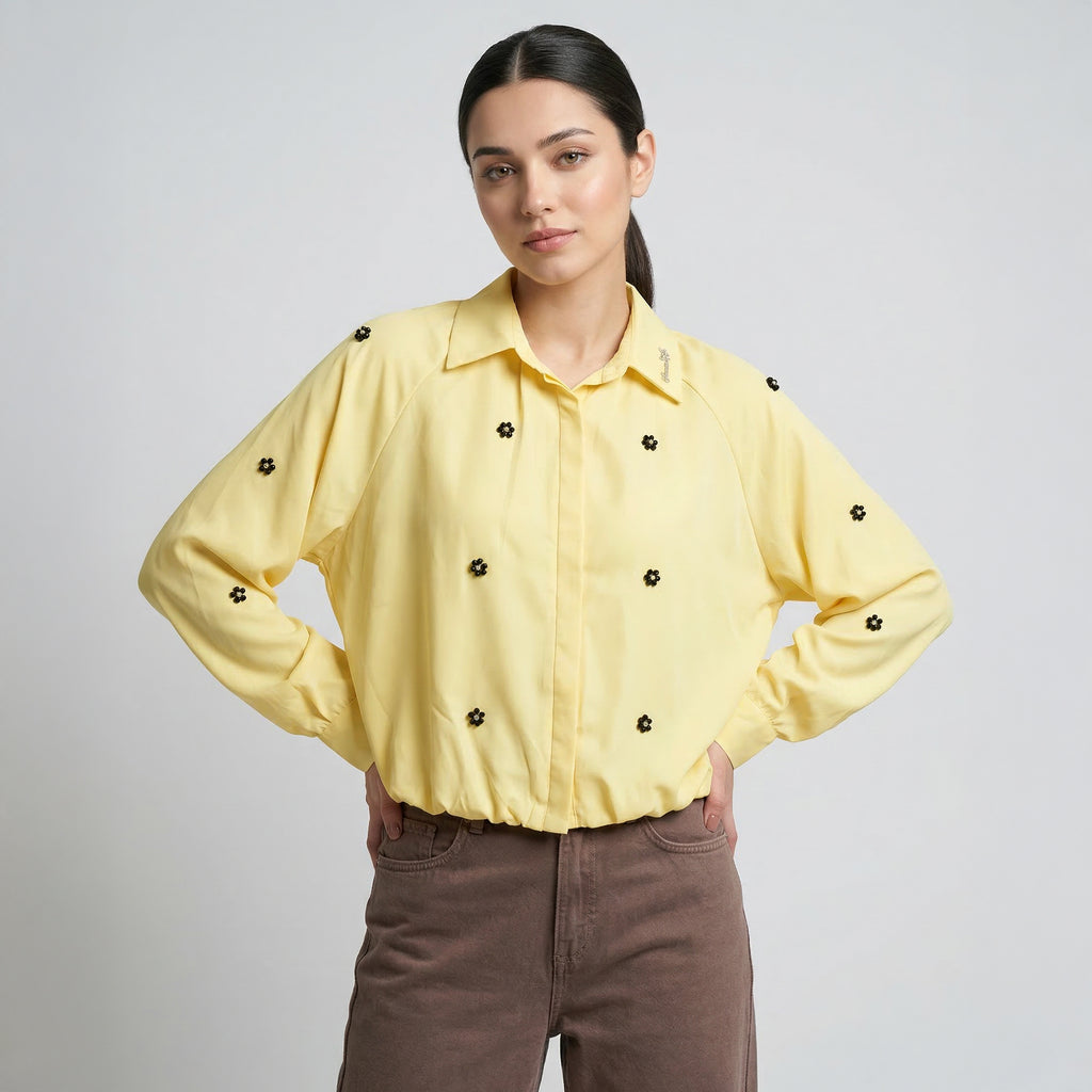 Korean Style Floral Embroidered Puff Sleeve yellow Shirt