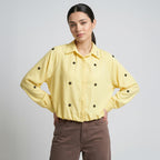 Korean Style Floral Embroidered Puff Sleeve yellow Shirt