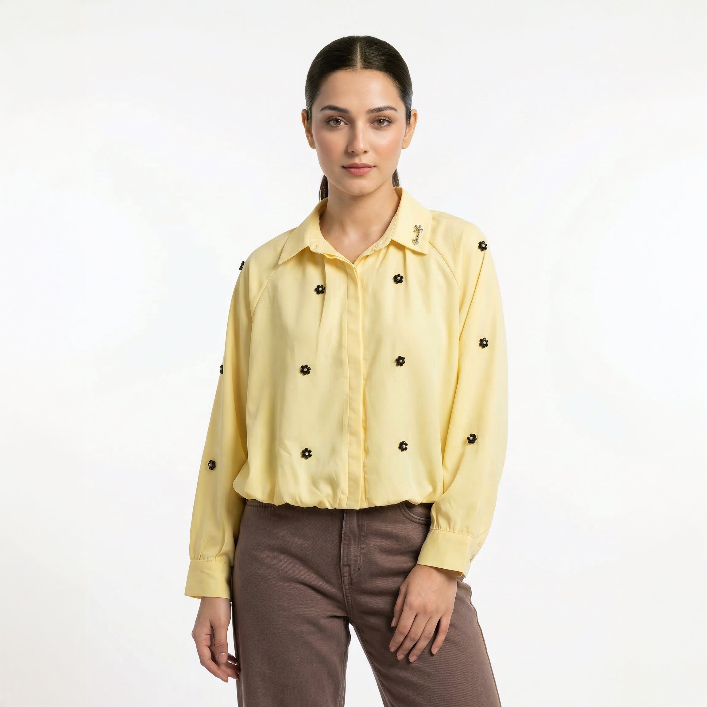 Korean Style Floral Embroidered Puff Sleeve yellow Shirt