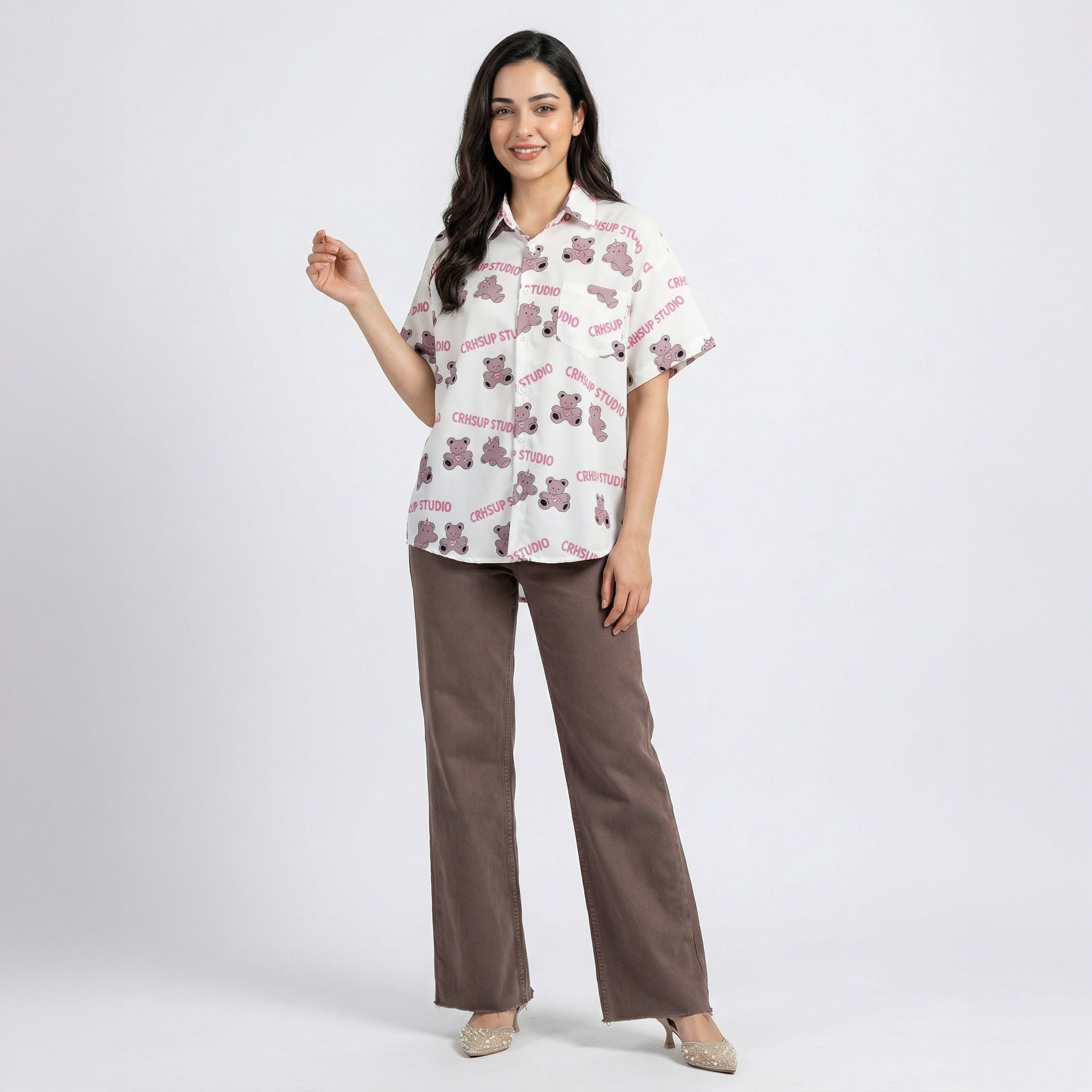 Cute Vintage Bear Print Korean Style Short Sleeve Shirt