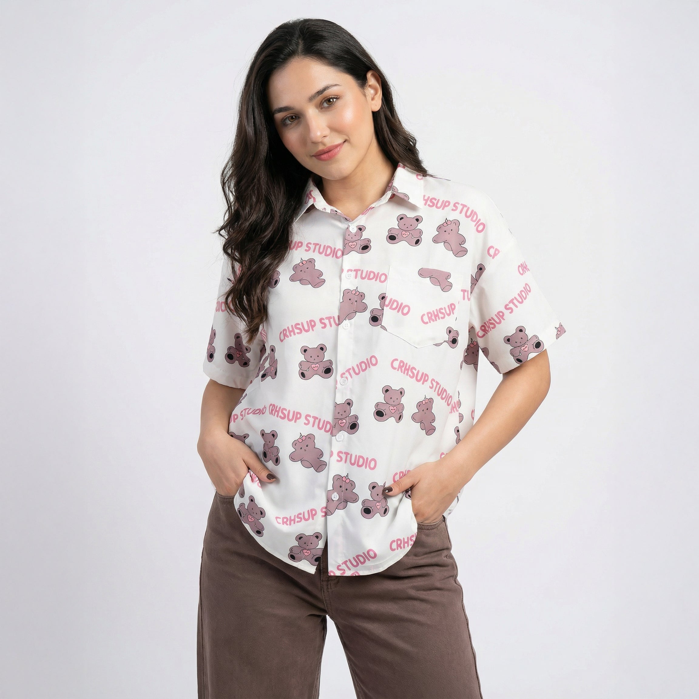 Cute Vintage Bear Print Korean Style Short Sleeve Shirt