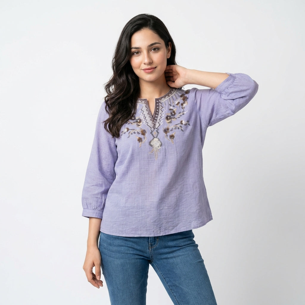 Ladies Embroidered Cotton Linen Top