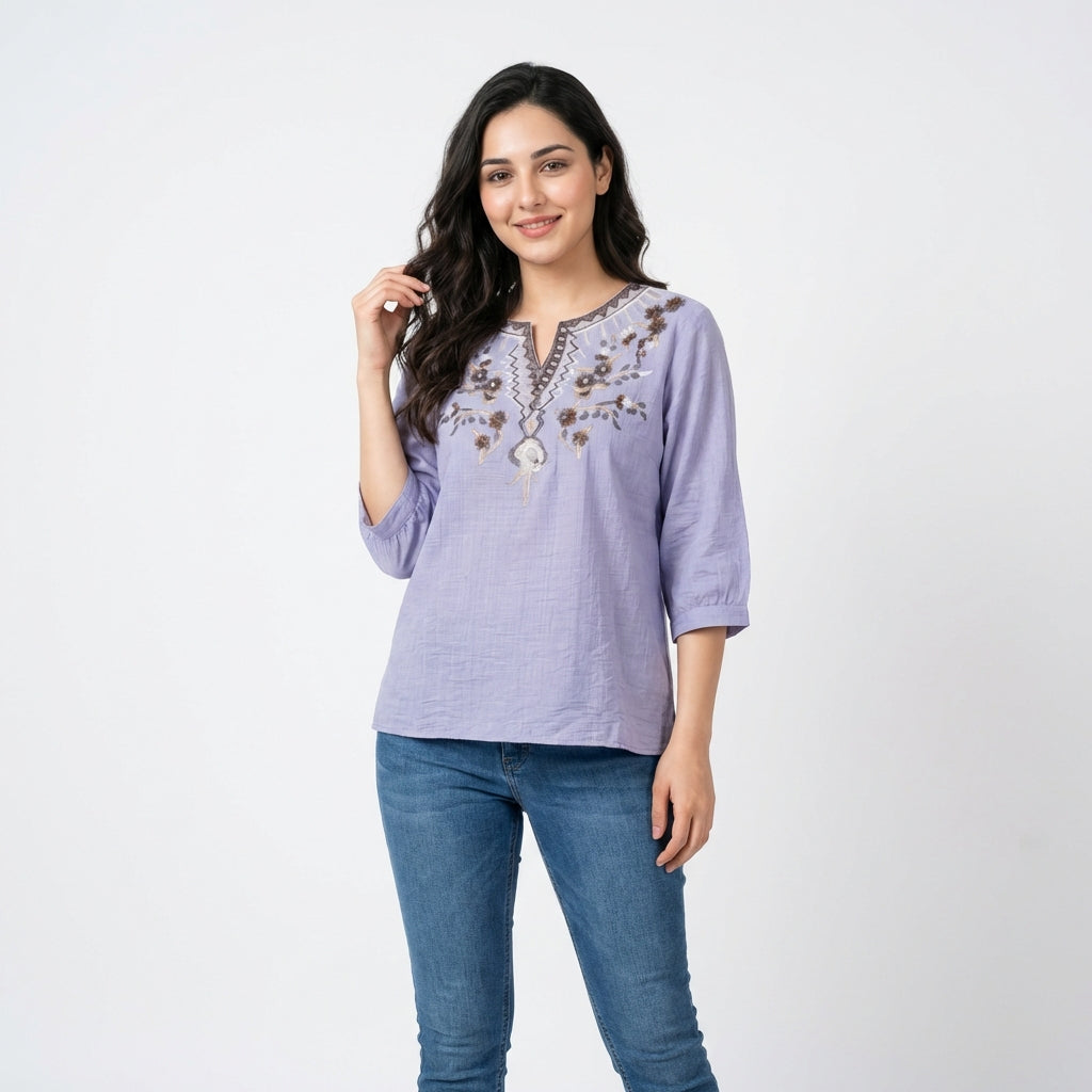 Ladies Embroidered Cotton Linen Top