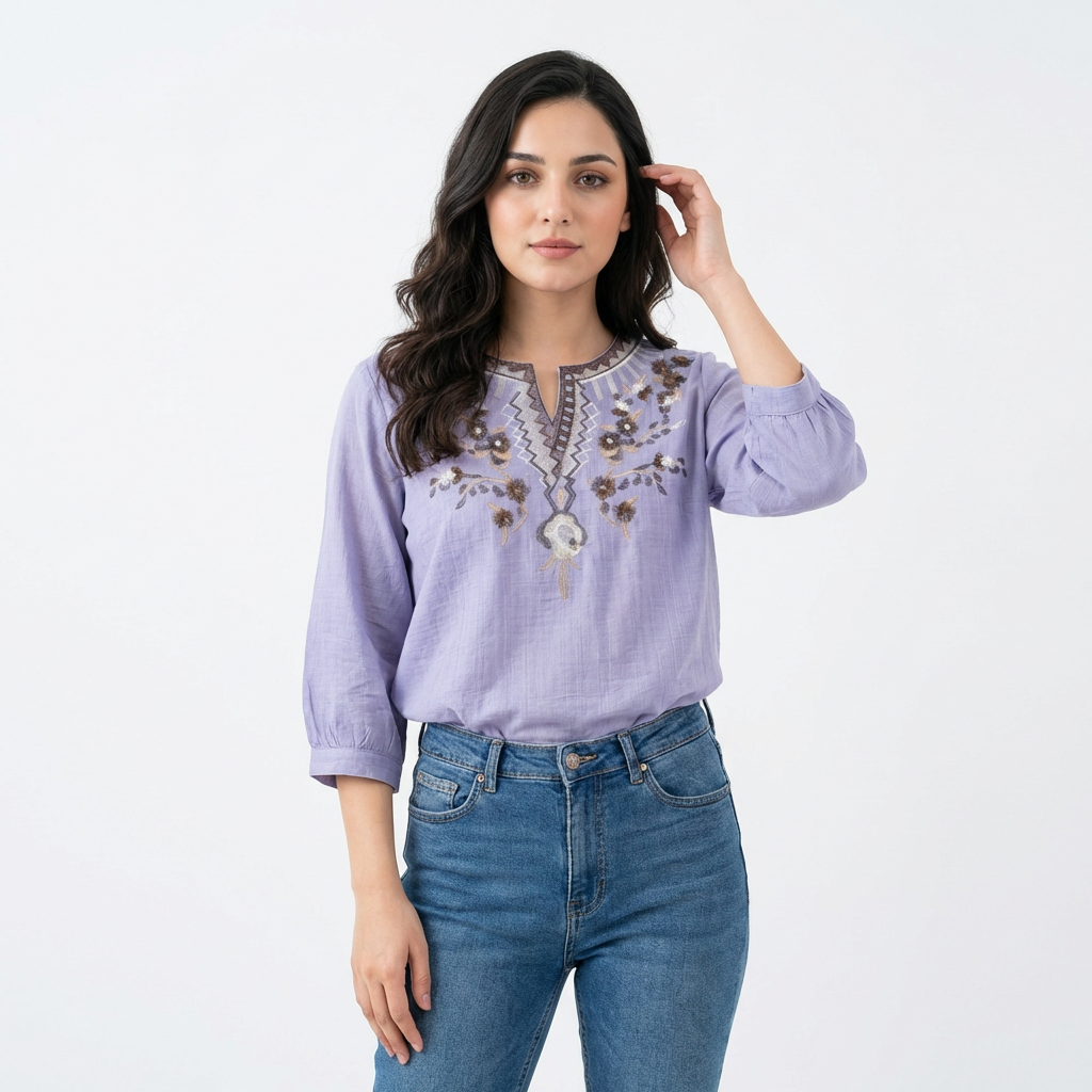 Ladies Embroidered Cotton Linen Top