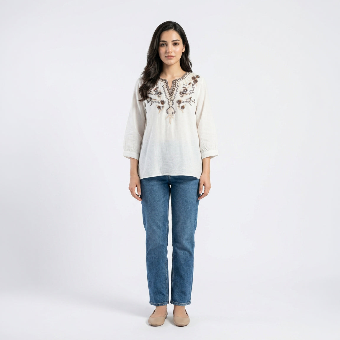 Ladies Embroidered Cotton Linen Top White