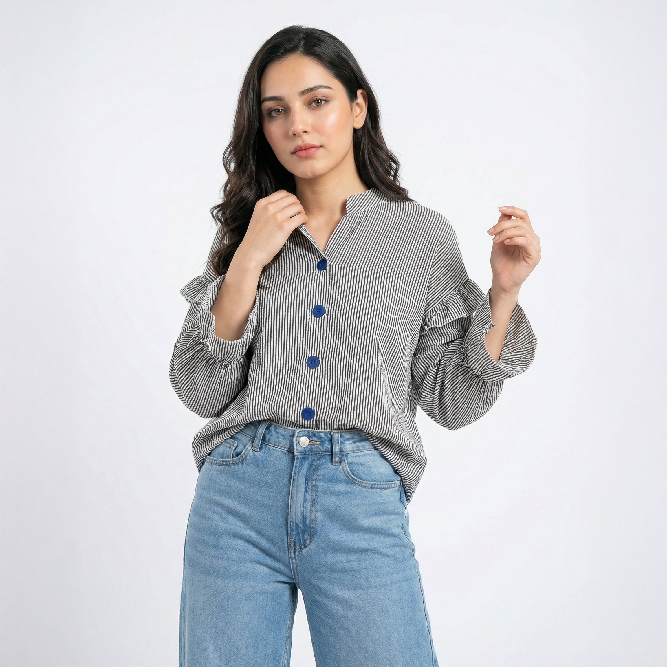 Ladies Striped Ruffle Sleeve Button-Down Top