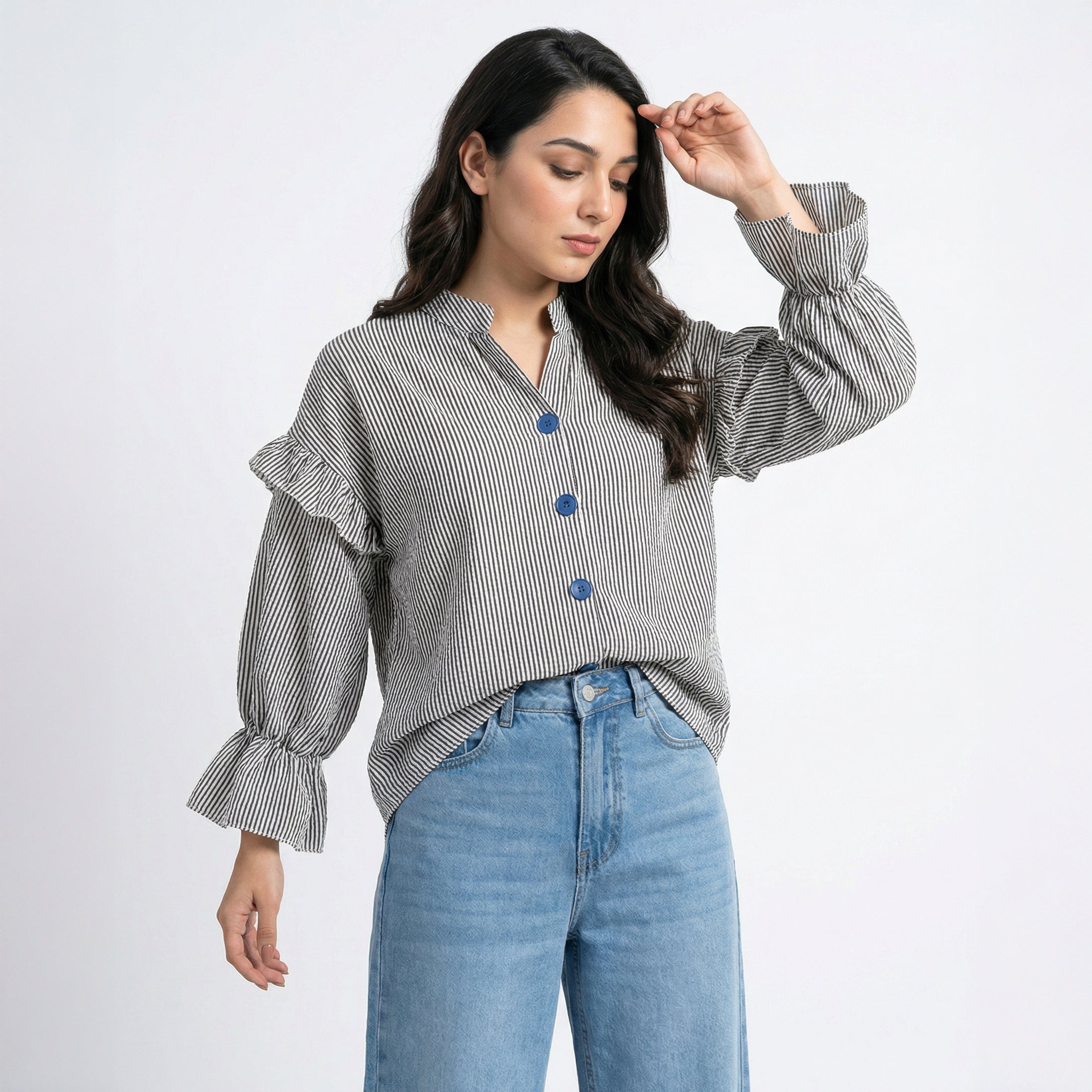 Ladies Striped Ruffle Sleeve Button-Down Top