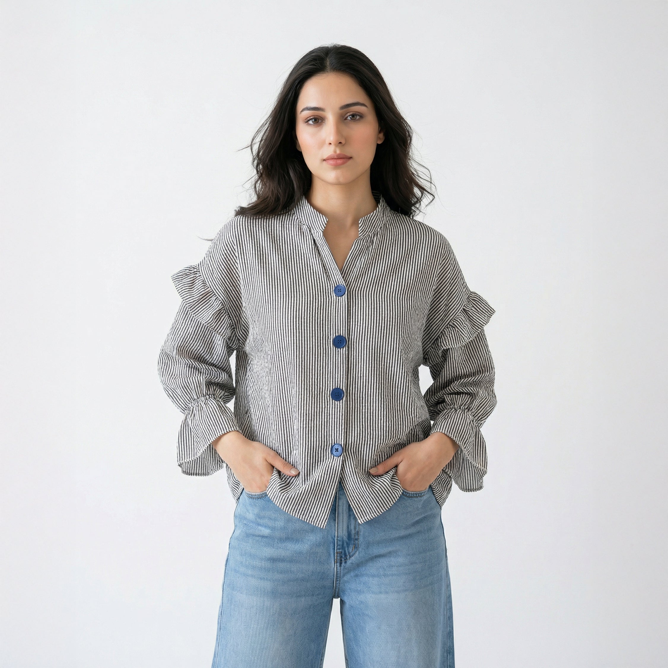 Ladies Striped Ruffle Sleeve Button-Down Top