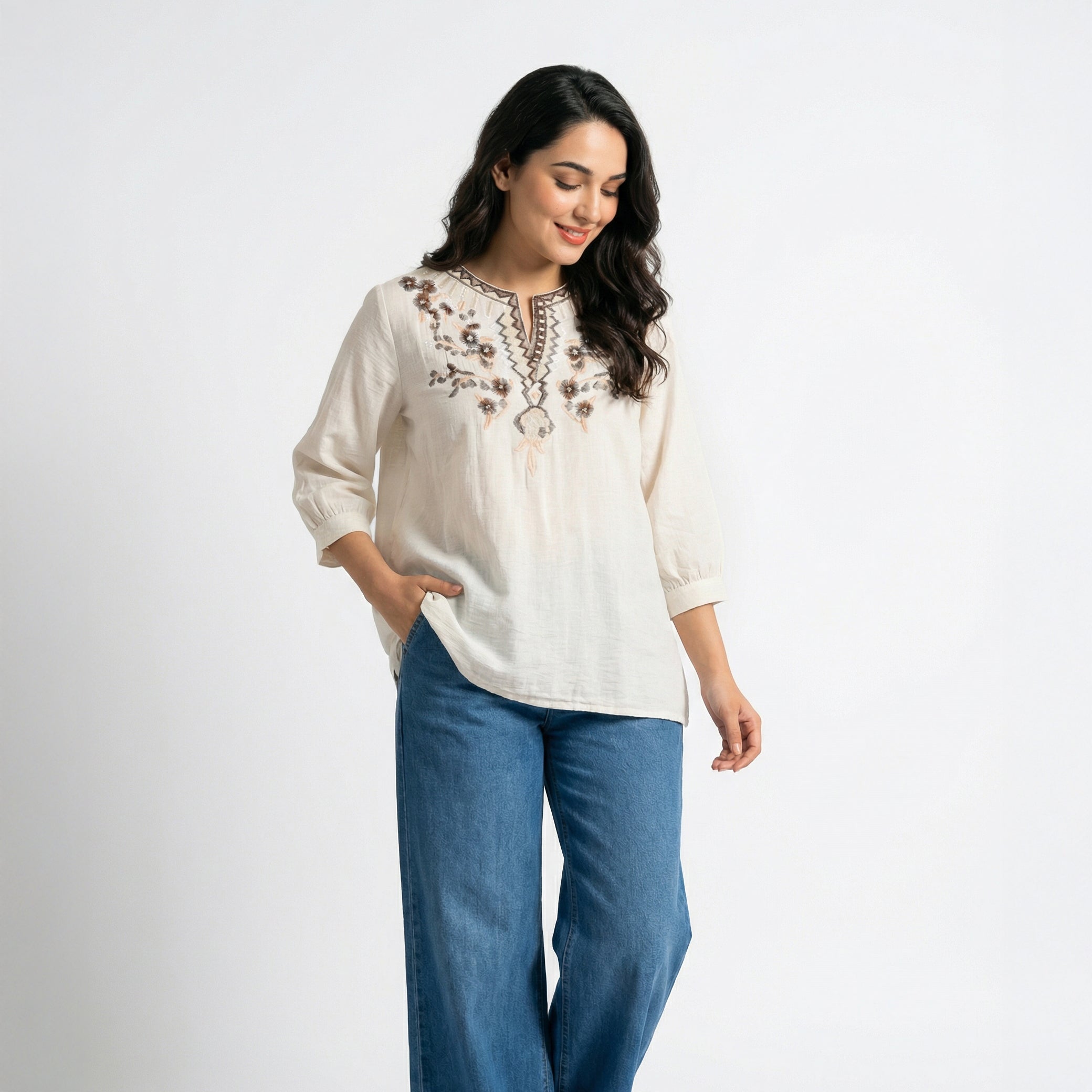Ladies Embroidered Cotton Linen Top White
