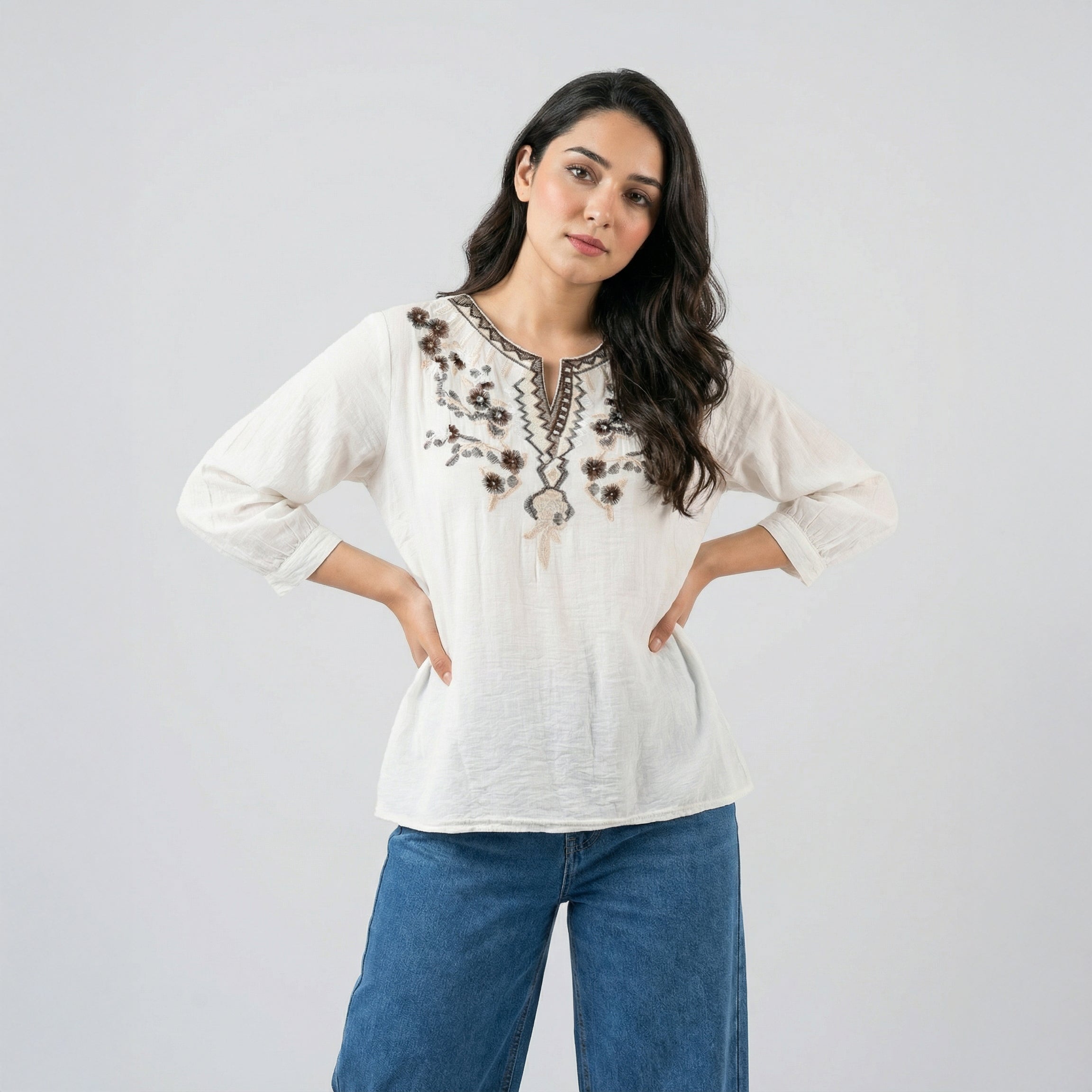 Ladies Embroidered Cotton Linen Top White