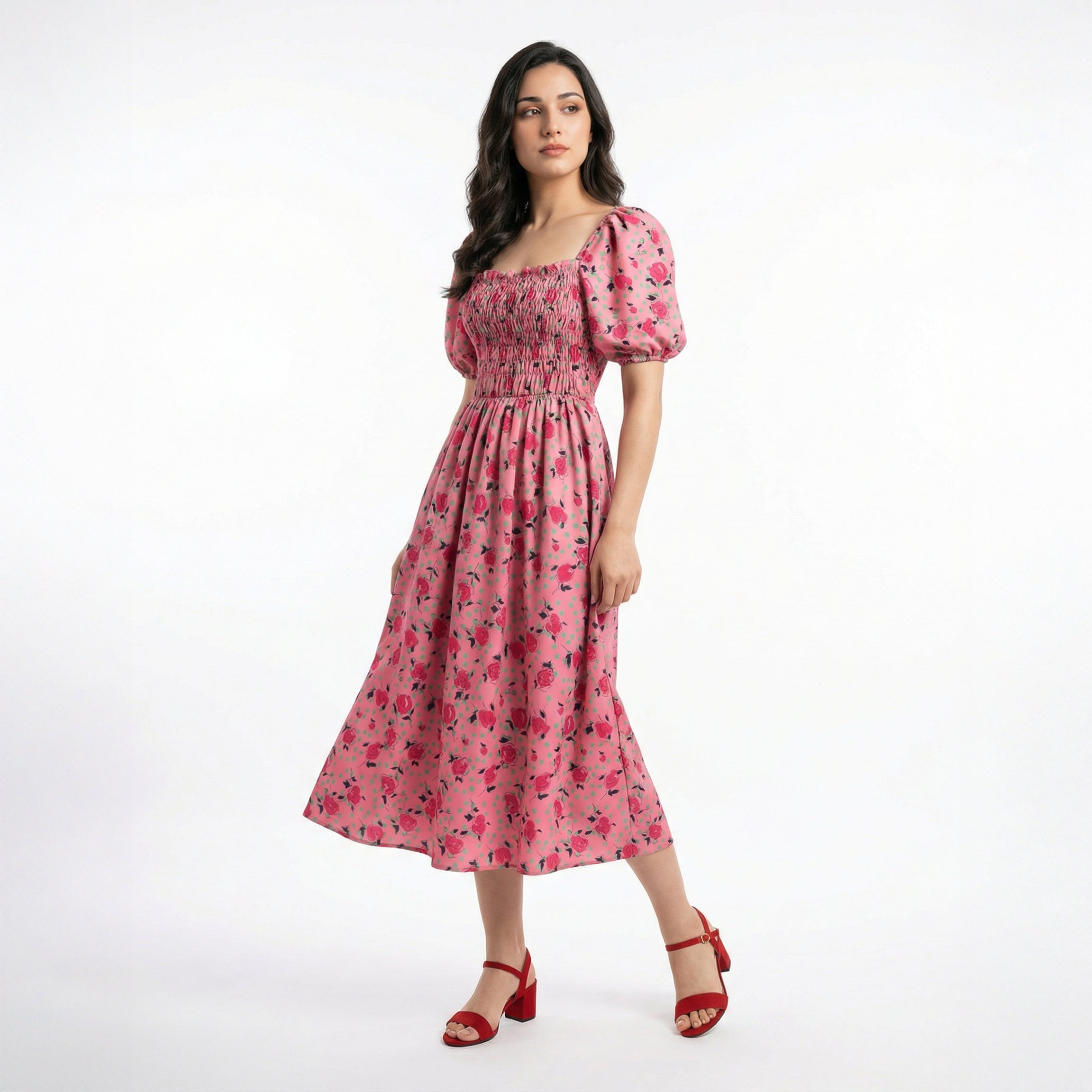 Ladies Floral Smocked Midi Dress