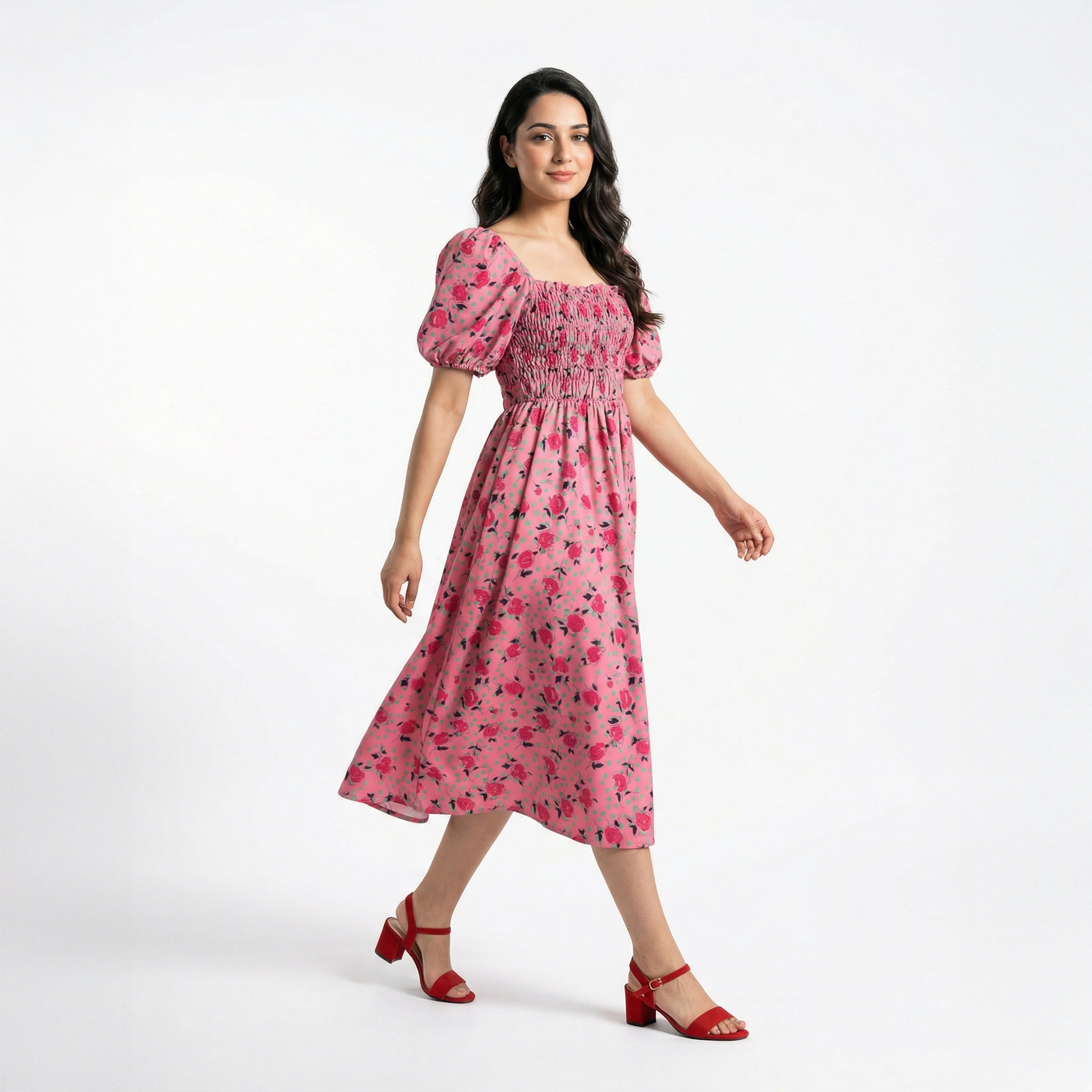 Ladies Floral Smocked Midi Dress